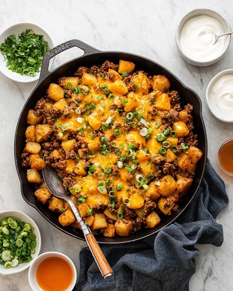 A black cast iron skillet filled with a cooked dish featuring a base layer of golden brown cubed potatoes, mixed with browned ground meat. Melted orange-yellow cheese is spread evenly over the potatoes and meat, creating a rich and creamy texture. On top, thinly sliced green onions are sprinkled, adding a fresh, bright green color. A silver spoon with a wooden handle rests inside the skillet. The skillet sits on a white marbled surface, surrounded by small white bowls containing white sour cream, orange sauce, chopped green onions, and fresh herbs, with a dark gray cloth napkin partially underneath. photo taken with an iphone --ar 4:5 --v 7