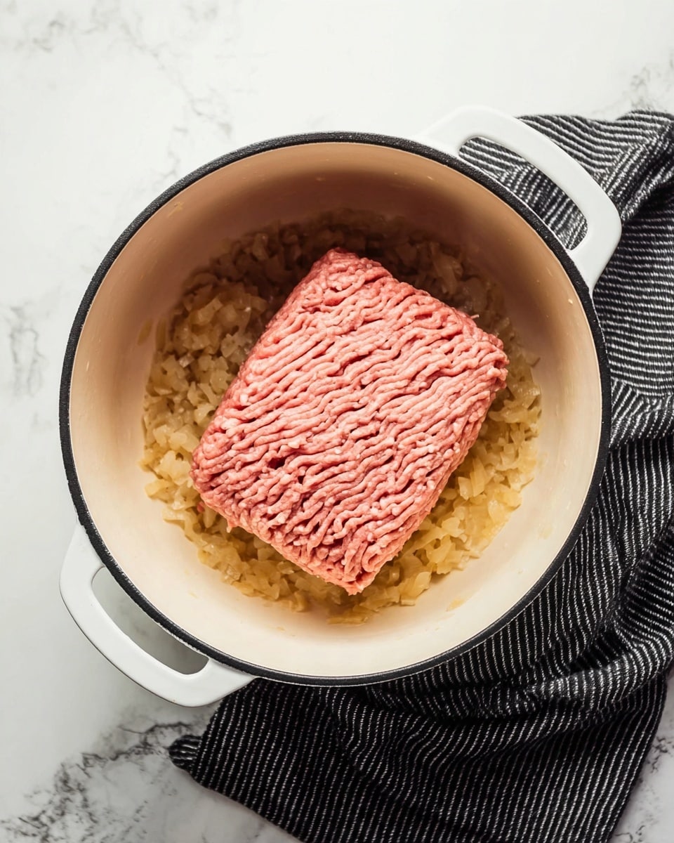 A white pot with black rim is shown on a white marbled surface with a dark striped cloth underneath. Inside the pot, there is one layer of finely chopped cooked onions forming a light golden textured base. On top, there is a large single block of pink raw ground meat, rectangular in shape, smooth but showing the typical meat texture lines. Photo taken with an iphone --ar 4:5 --v 7