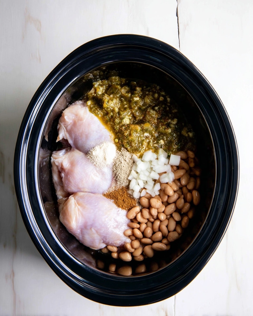 Inside a round black slow cooker, there are three main visual layers. At the bottom and left side, two large, smooth raw chicken pieces are pale pink with a slight shine. To the right, there is a mix of light brown beans, creating a rough, varied texture. On top of the beans, and partly on the chicken, there is a chunky green salsa-like sauce with bits of green and yellow. Centered on the top are small white onion pieces, a pile of white powder (salt), and a heap of light brown seasoning powder, all creating a colorful mix. The slow cooker sits on a white marbled surface. Photo taken with an iphone --ar 4:5 --v 7
