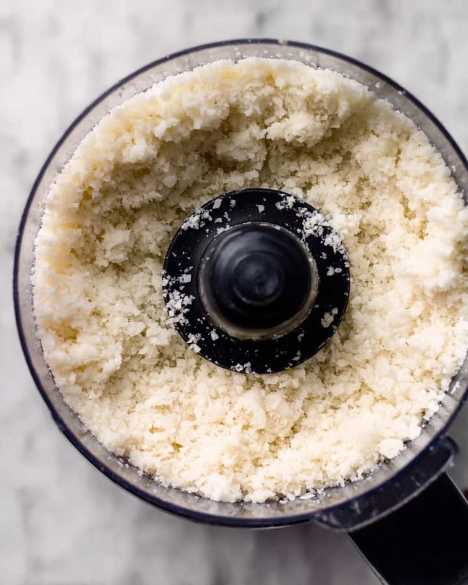 Top view of a black food processor bowl filled with finely processed cauliflower that looks like small white grains, with a smooth texture. The bowl's black center blade is visible in the middle, surrounded by the light, fluffy cauliflower crumbs evenly spread inside the bowl. The food processor sits on a surface with a white marbled texture. photo taken with an iphone --ar 4:5 --v 7