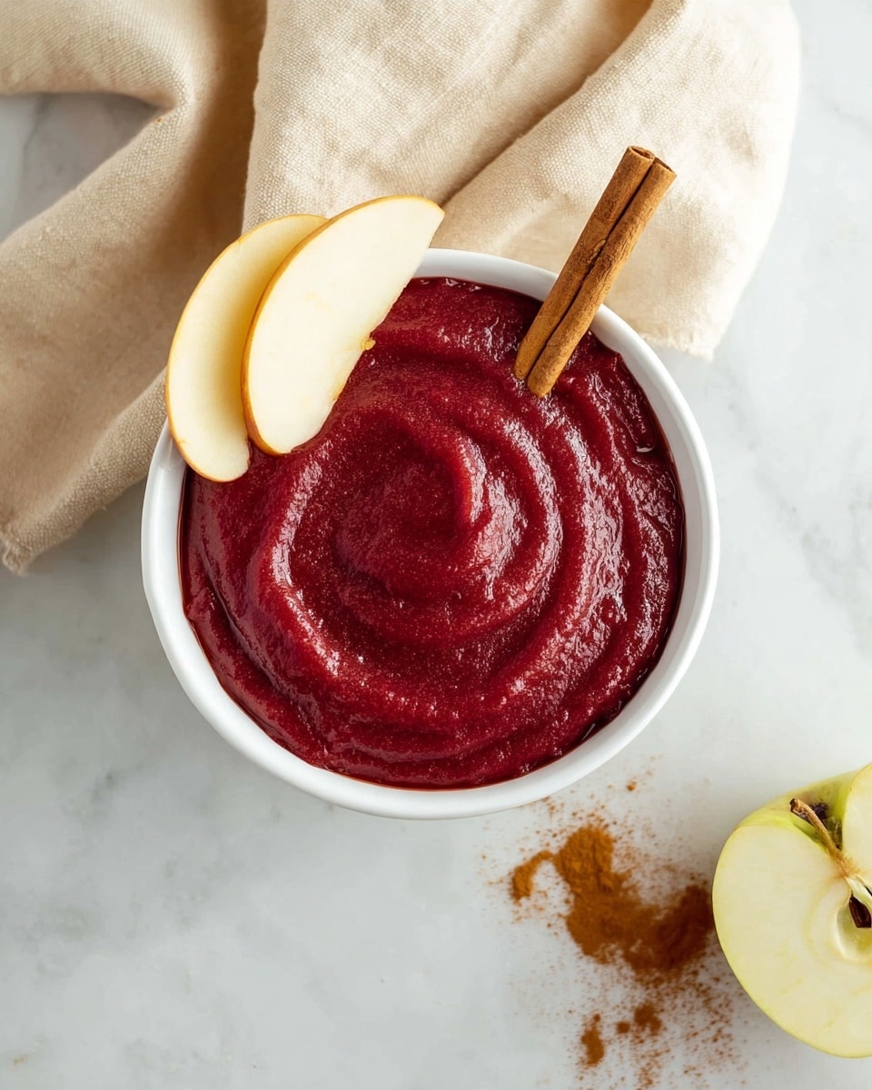 A white bowl filled with a thick, smooth, deep red sauce, swirled on top to show texture. On the sauce, there are two thin slices of light yellow apple arranged side by side near the edge. A whole cinnamon stick stands vertically at the back edge of the bowl, partially resting in the sauce. The bowl is placed on a white marbled surface with a beige cloth napkin draped beside it. Part of a halved apple with visible seeds and light yellow flesh is on the right side of the image, along with a small pile of cinnamon powder near it. Photo taken with an iphone --ar 4:5 --v 7