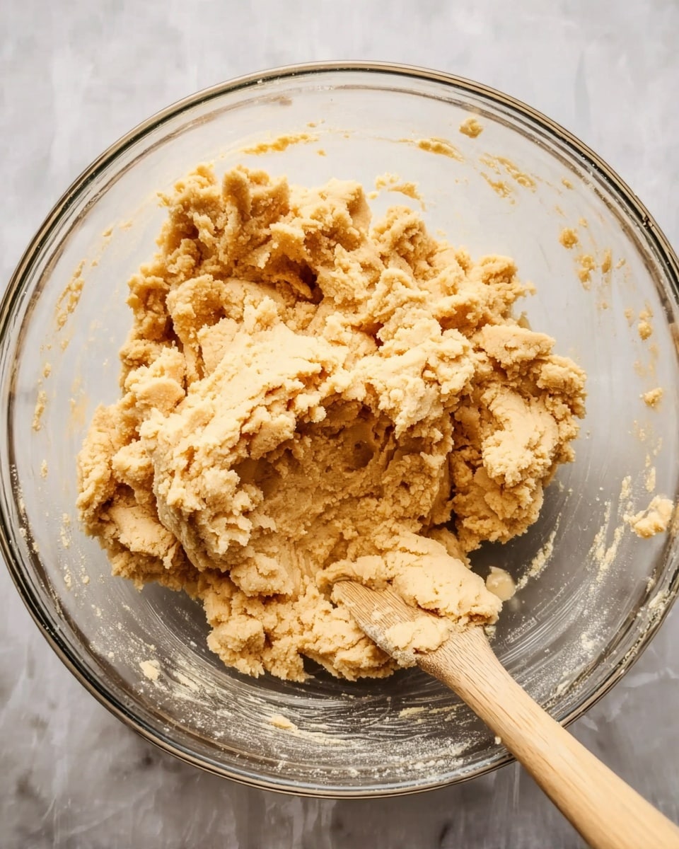 A large clear glass bowl filled with light tan dough that has a rough and crumbly texture. The dough sits mostly in the center with some pieces sticking to the sides of the bowl. A wooden spatula with a smooth light wood handle is partially buried in the dough on the right side. The bowl rests on a white marbled surface. Photo taken with an iphone --ar 4:5 --v 7