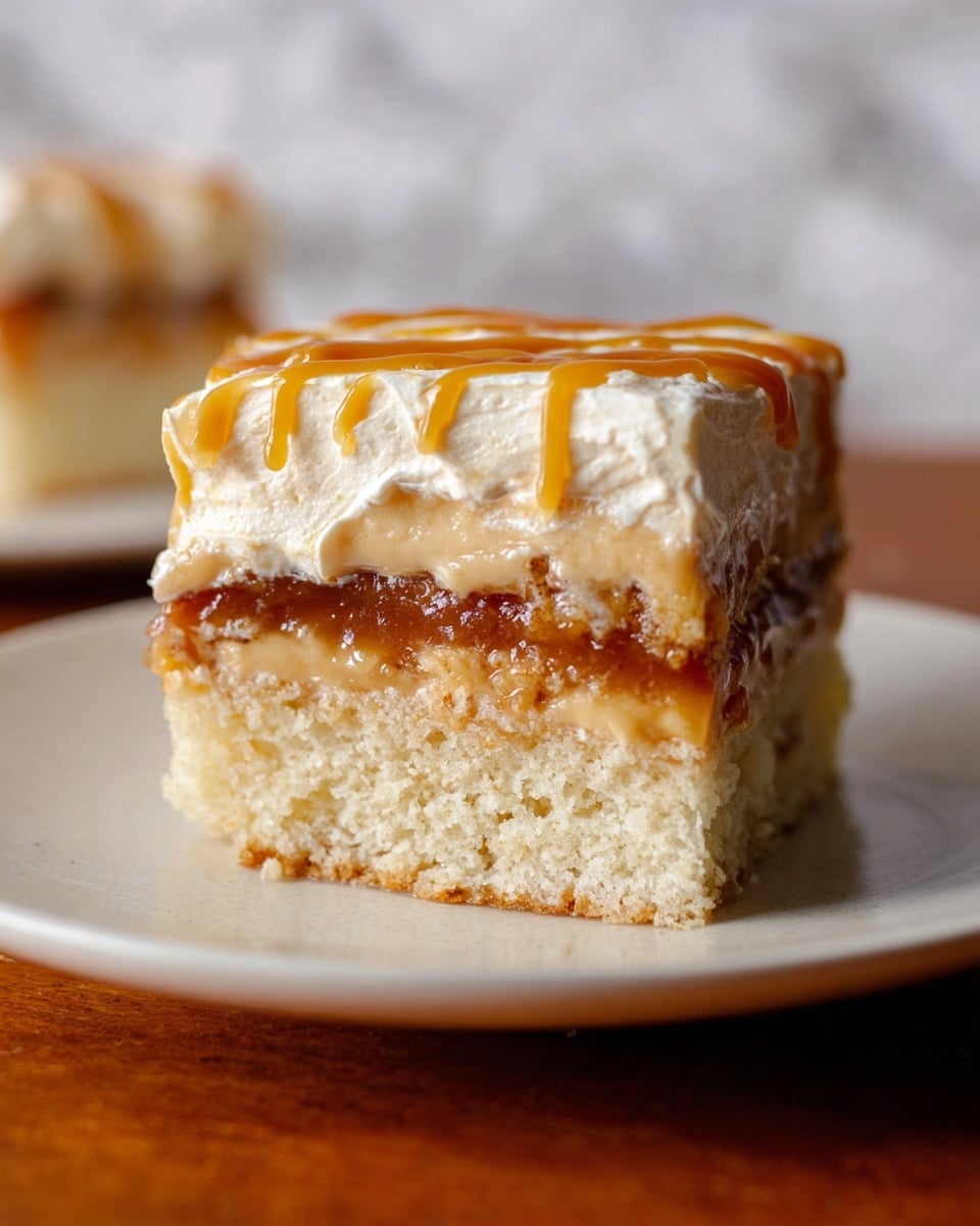 The image shows a close-up of a square slice of cake with three visible layers. The bottom layer is a light beige cake base with a soft and slightly crumbly texture. Above this is a thick middle layer of caramel-colored filling with a sticky, shiny, and smooth texture that appears rich. The top layer is a thick, creamy spread of pale off-white color with a light and fluffy texture, drizzled with a smooth caramel glaze that adds a shiny golden-brown finish on top. The slice is placed on a white plate, and the background features a white marbled surface. Photo taken with an iphone --ar 4:5 --v 7