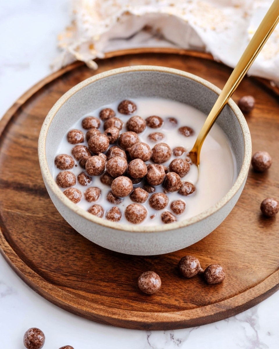 A grey ceramic bowl filled with light brown round chocolate cereal balls soaked in off-white milk, sitting on a wooden board with warm brown tones; a golden spoon with a smooth shiny texture is partly dipped into the milk and cereal on the right side of the bowl; a few stray chocolate cereal balls are scattered around on a white marbled surface in the background. photo taken with an iphone --ar 4:5 --v 7