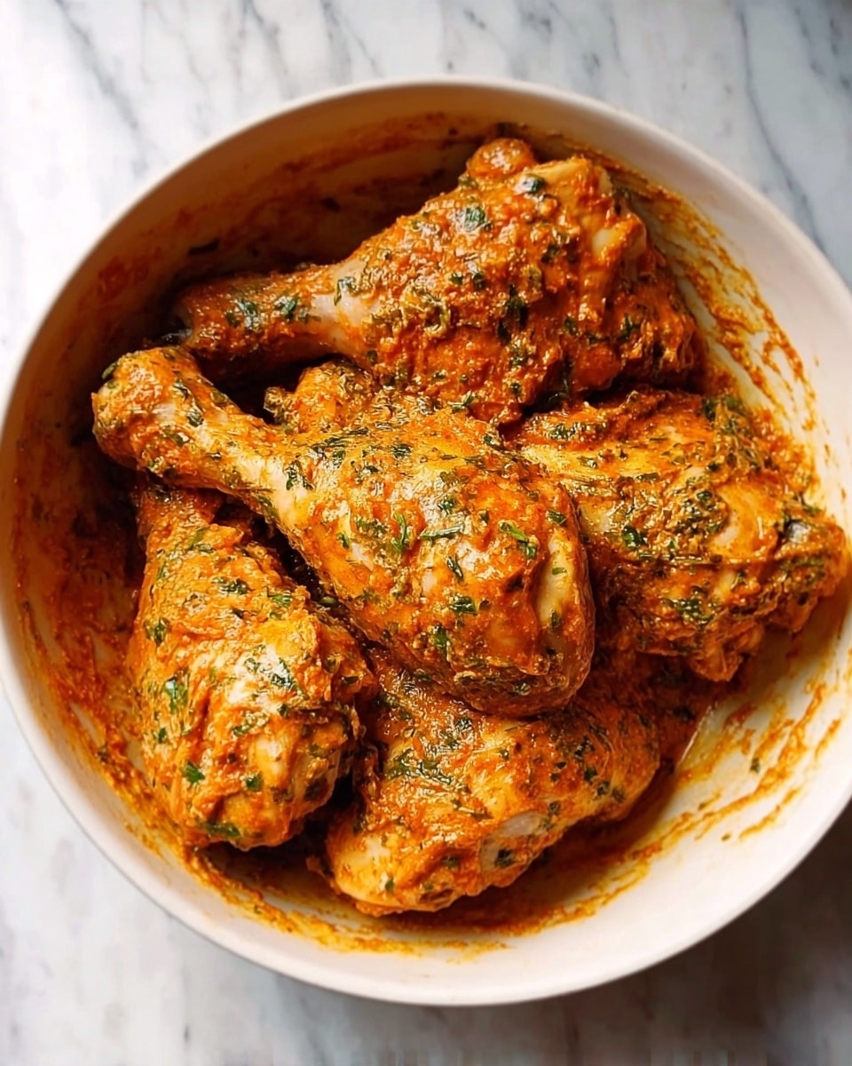A white bowl filled with four pieces of raw chicken legs covered in a thick orange marinade with visible green herbs and spices. The marinade evenly coats each piece, giving the chicken a slightly textured and moist look. The background is a white marbled surface. photo taken with an iphone --ar 4:5 --v 7