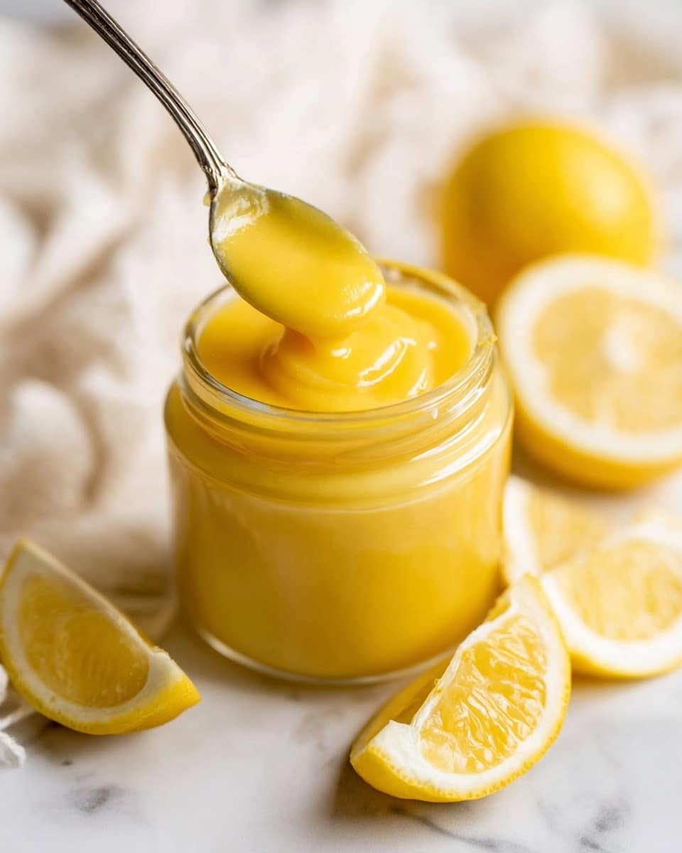 A small clear glass jar filled with thick, bright yellow lemon curd, showing a smooth and glossy texture on top. A spoon with shiny silver metal is dipping into the lemon curd, lifting some of it. Around the jar are several fresh lemon halves and slices with bright yellow skin and pale yellow inner flesh, placed on a white marbled surface. A soft white cloth is partially visible near the jar, adding a cozy feel. The overall scene is bright and fresh with a soft light. photo taken with an iphone --ar 4:5 --v 7