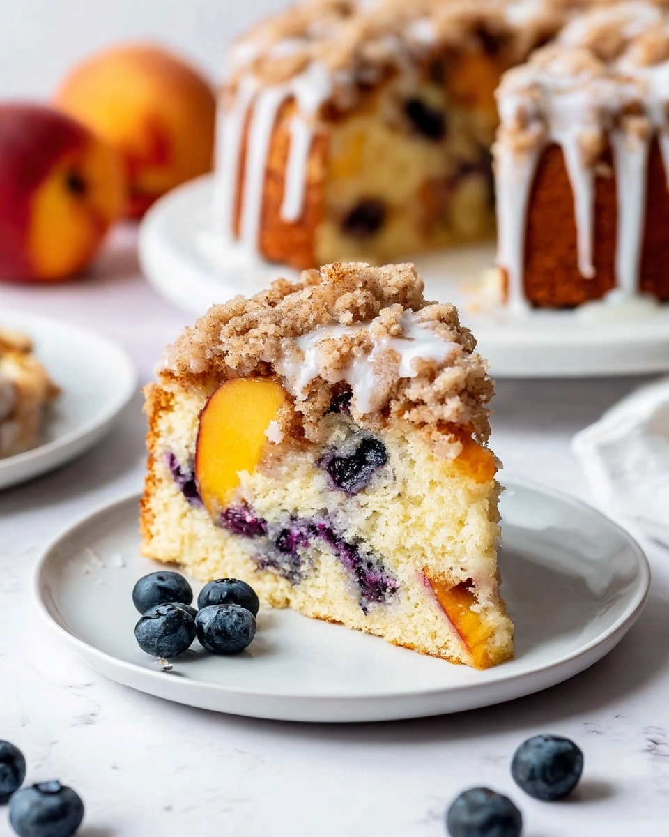 A slice of cake sits on a white plate on a white marbled surface. The cake has three layers: the bottom layer is a light yellow cake with visible pieces of dark purple blueberries and orange peach chunks baked inside. The middle layer is thick and crumbly with a brown streusel topping. The top layer is a white glaze that drips down over the streusel and cake sides. Around the cake slice on the plate are a few fresh blueberries. In the background, part of the whole cake is visible with the same topping, a white plate with another slice, and a peach. Photo taken with an iphone --ar 4:5 --v 7