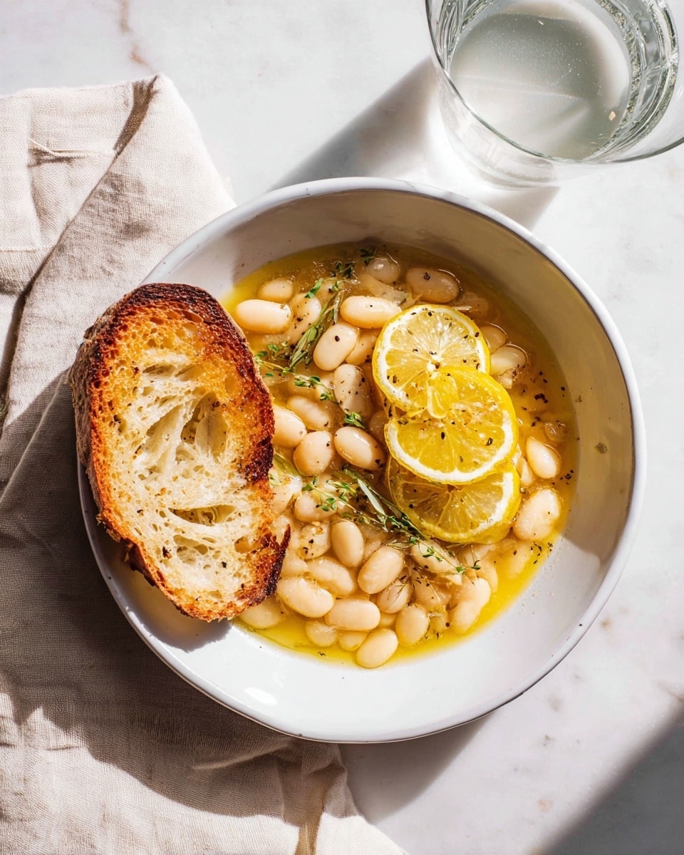 A white bowl sits on a white marbled surface covered partially by a light beige cloth, filled with a warm dish of white beans in a yellow oil broth layered evenly across the bottom. Two thin slices of lemon with visible seeds and pale yellow rinds float on the right side, topped with green sprigs of herbs and sprinkled with black pepper. On the left side, a single toasted slice of crusty bread with a golden-brown texture and airy crumb rests slightly submerged in the broth. Bright natural light casts soft shadows across the scene, with a clear glass of water nearby reflecting light. Photo taken with an iphone --ar 4:5 --v 7
