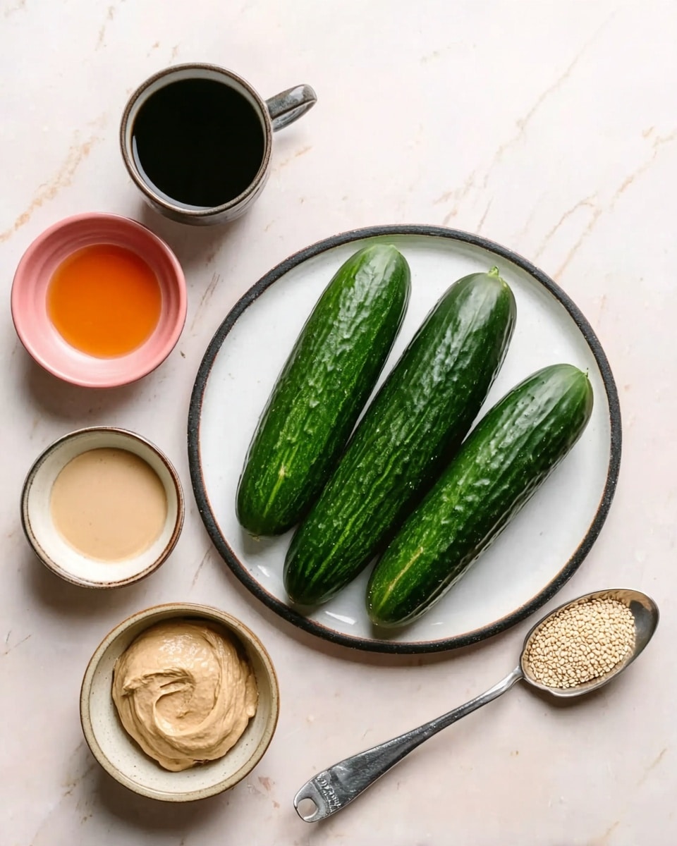 The image shows four dark green cucumbers placed on a white plate with a black rim in the center of a white marbled surface. Around the plate are five small bowls, each holding different ingredients: a black cup filled with a dark liquid at the top, a pink bowl with a light orange liquid to the left, a beige bowl with a beige paste below it, and a metal measuring spoon with creamy white sauce close to the bottom center. To the right of the plate is a metal spoon filled with small sesame seeds. The arrangement is clean and simple, with clear colors and textures. photo taken with an iphone --ar 4:5 --v 7