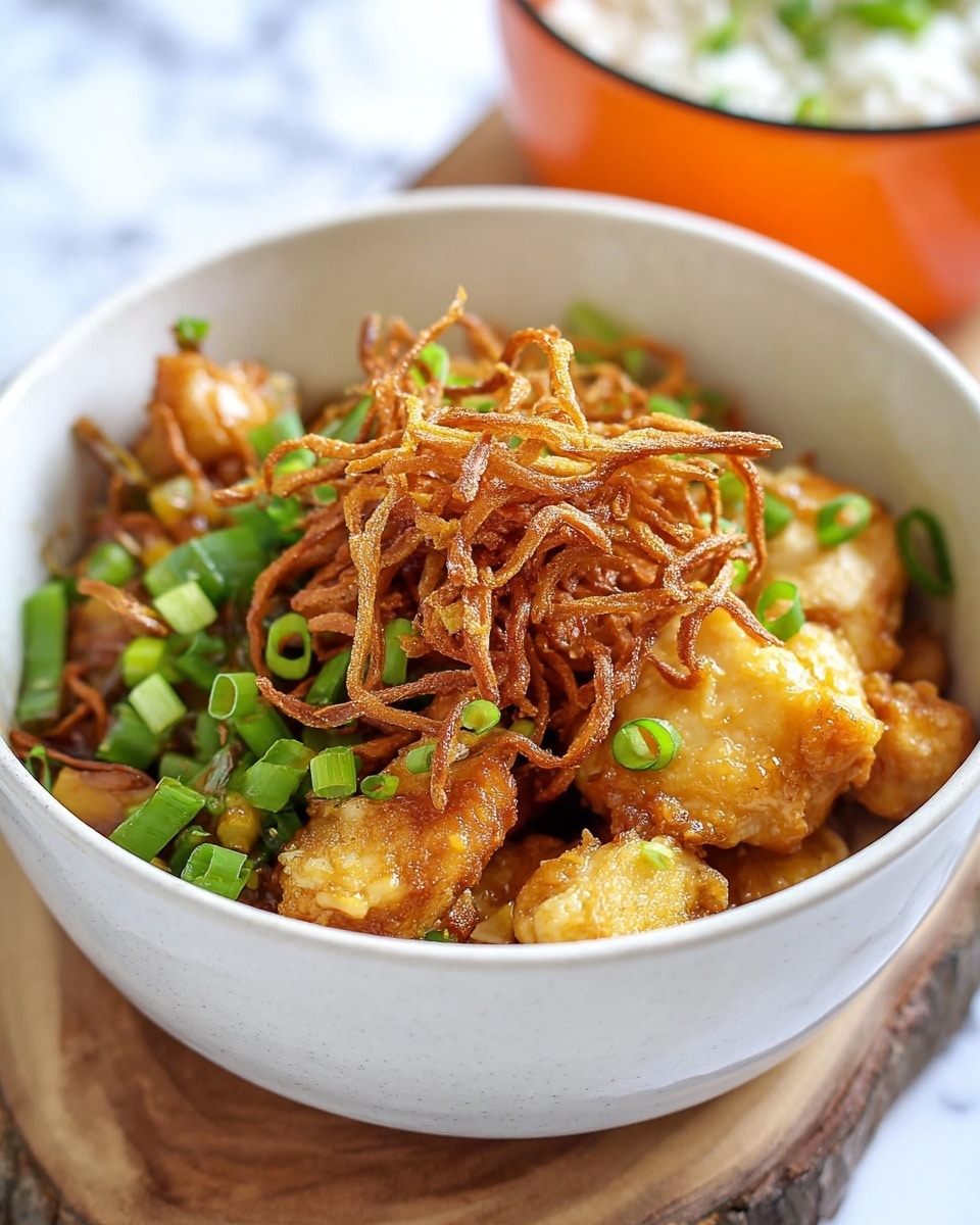 A white bowl filled with three main layers: the bottom layer is chunks of golden brown cooked chicken with a crispy texture, the middle layer is a small pile of thin, curly, crispy fried strips in light brown color, and the top layer is scattered bright green chopped scallions. The bowl is placed on a piece of wood, with a blurred white marbled background and parts of a white bowl of rice and an orange cup visible behind it. Photo taken with an iphone --ar 4:5 --v 7