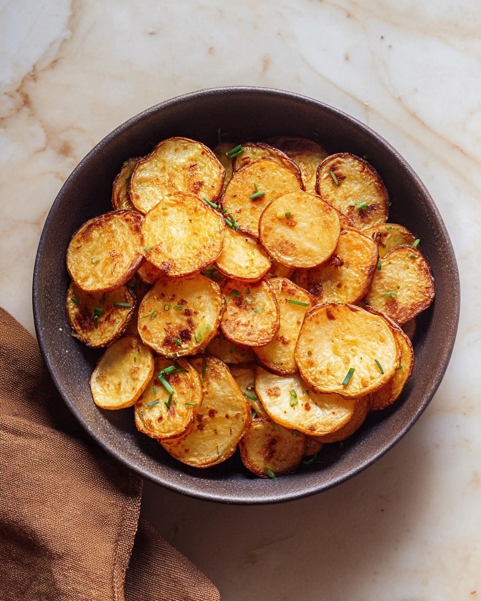 A round bowl filled with one layer of golden-brown fried potato slices, each slice showing a slightly crispy texture with some darker spots and sprinkled with small green chives. The bowl sits on a white marbled surface with a brown cloth partially visible at the bottom left. Photo taken with an iphone --ar 4:5 --v 7