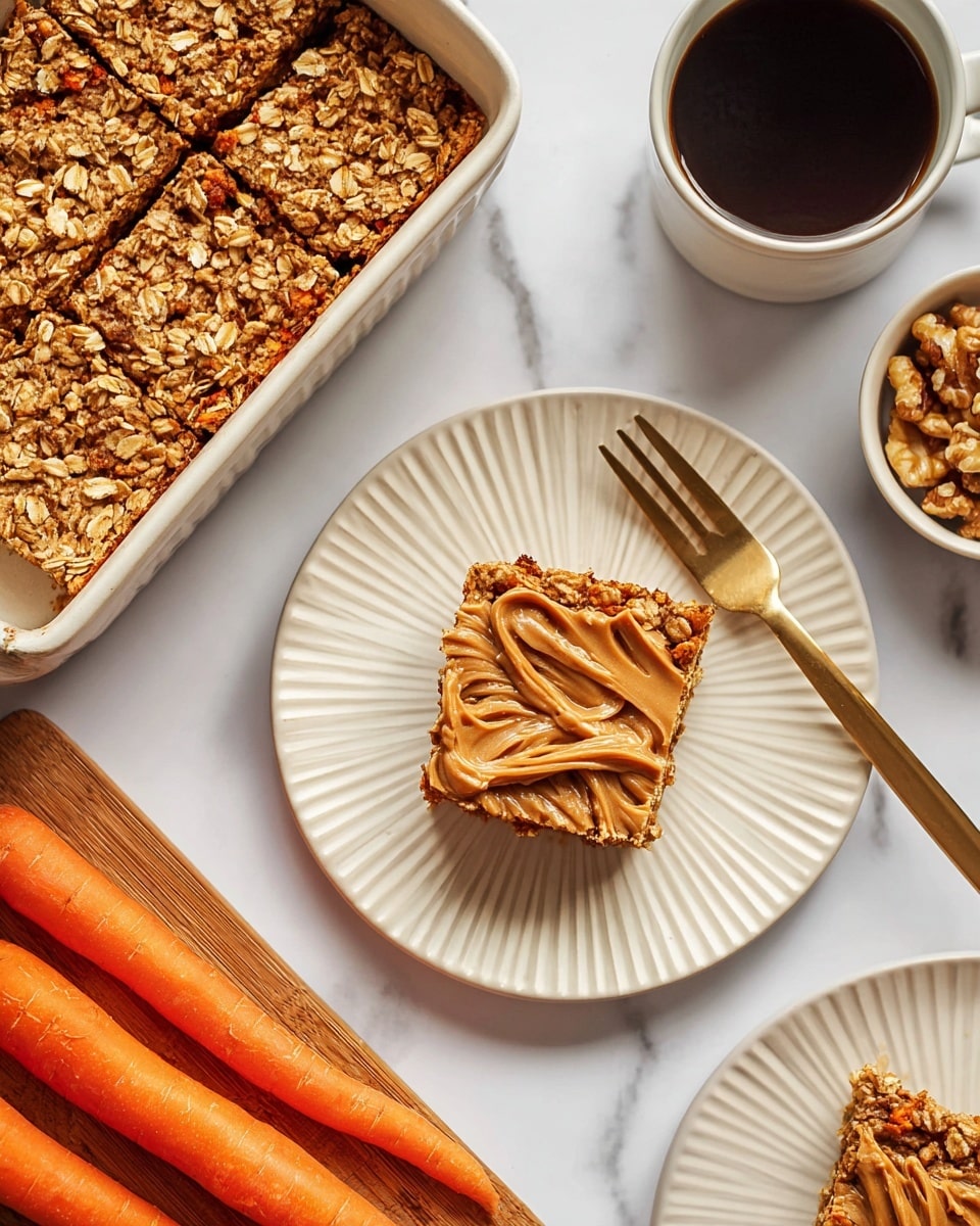 The image shows a single square oat carrot bar on a ribbed white plate, topped with thick swirls of light brown nut butter. The oat bar has visible layers of shredded carrot and rolled oats with a rough, textured surface. A matte gold fork lies to the right of the bar on the plate. Above and to the left is a rectangular white baking dish filled with more oat carrot bars, showing a dense oat and nut top layer. In the lower left corner, three vibrant orange carrots lay on a wooden board. To the upper right, there is a round white cup filled with dark black coffee, and next to it is a small white bowl with walnut pieces. The whole scene is set against a white marbled background. Photo taken with an iphone --ar 4:5 --v 7