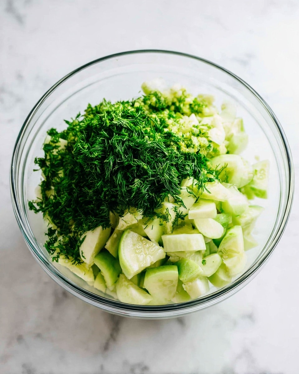 A clear glass bowl sits on a white marbled surface, filled with roughly chopped pale green cucumbers forming the base layer. On top of the cucumbers, there is a layer of finely chopped fresh green herbs, possibly dill, adding texture and a vibrant pop of color. The cucumbers show a smooth, moist texture with visible skin edges, while the herbs appear soft and feathery. The scene is bright with natural lighting, emphasizing the freshness of the ingredients. photo taken with an iphone --ar 4:5 --v 7