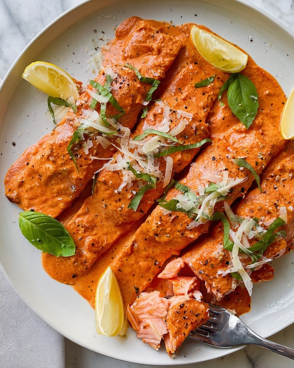 The image shows four pieces of salmon fillets placed side by side on a white plate, each covered with a thick orange-red creamy sauce that has a smooth, slightly textured surface with visible black pepper specks. On top of the salmon fillets, there are small shreds of white cheese, a few fresh green basil leaves scattered around, and thin lemon wedge slices positioned mainly along the edges of the fillets. One salmon piece at the bottom has a fork inserted, lifting chunks of the soft pink fish. The plate rests on a white marbled surface. photo taken with an iphone --ar 4:5 --v 7