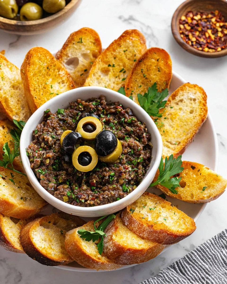 A white round plate on a white marbled surface holds a small white bowl filled with a dark olive tapenade spread mixed with herbs and small bits, topped with sliced green and black olives and sprigs of green parsley. Around the bowl, there is a layer of golden toasted baguette slices with a crispy texture and slightly shiny oily surface. A striped cloth napkin is placed near the plate, and a bowl of red chili flakes and some green herbs are visible out of focus in the background. Photo taken with an iphone --ar 4:5 --v 7