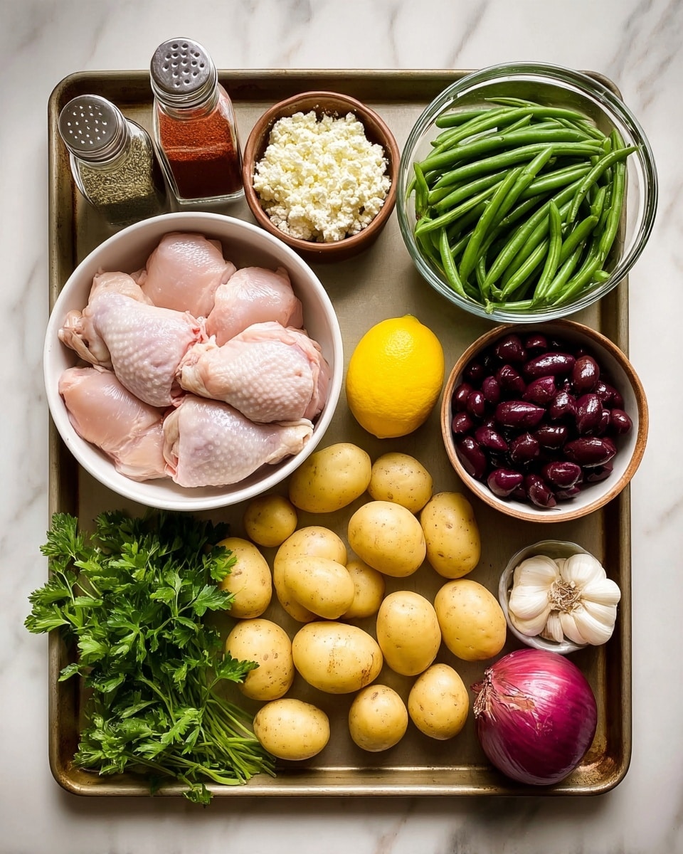 A baking tray on a white marbled surface holds various ingredients neatly arranged; on the bottom left is a white bowl filled with several raw pale pink chicken thighs, next to it is a bright yellow lemon resting directly on the tray. Above the lemon are two tall clear spice jars, one with a red powder and the other with a green dried herb. In the center top is a small brown bowl filled with crumbly white cheese, beside it is a bunch of fresh green parsley. To the right is a clear glass bowl piled high with fresh green beans. Below the beans, near the bottom center of the tray, are ten small yellow potatoes grouped together. Near the potatoes on the left is a medium brown bowl filled with dark purple olives. At the bottom right, a small white bowl holds four garlic cloves, and a whole red onion sits between the potatoes and the chicken bowl. photo taken with an iphone --ar 4:5 --v 7