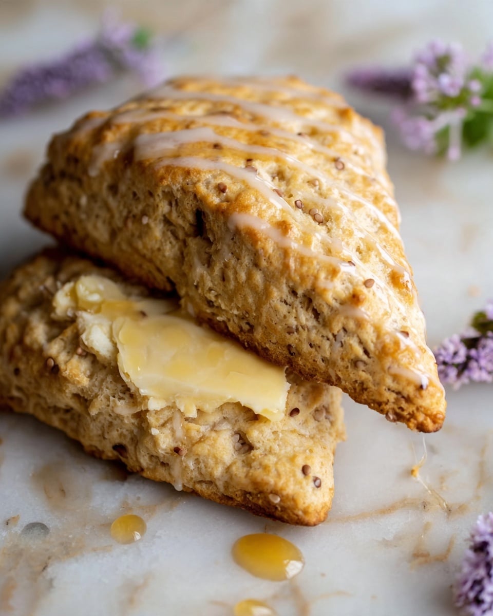 Two triangular scones are placed on a white marbled surface. The scone on top has a light brown crust with a shiny, slightly cracked glaze featuring thin stripes, and some small crumb pieces on it. The scone underneath is open to show its inside, which is soft and crumbly with a light beige color, topped with a thick spread of butter mixed with small seeds. Around the scones, there is a drizzle of honey adding a glossy amber texture. In the corner, some small purple flowers add a soft touch of color. photo taken with an iphone --ar 4:5 --v 7