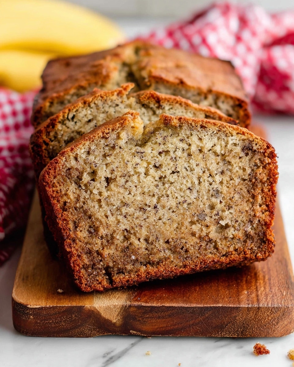The image shows three thick slices of banana bread placed one behind another on a wooden board. The banana bread has a golden-brown crust with a slightly darker top and a moist, light brown inside full of small dark banana specks and soft texture. The wooden board is on a white marbled surface, and in the background, a red and white checkered cloth and a yellow banana are partially visible out of focus, adding warmth to the scene. Photo taken with an iphone --ar 4:5 --v 7