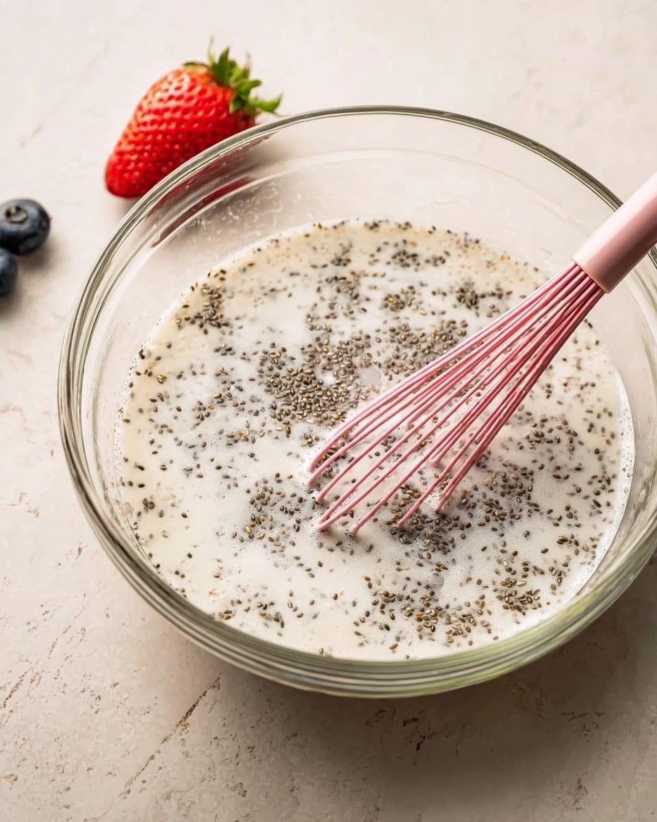 A clear glass bowl contains a mixture of white liquid with small black chia seeds scattered throughout, creating a speckled texture. In the upper left of the bowl, there are two whole fruits: one red strawberry with a green top and one blue blueberry. A pink whisk is partially immersed on the right side, slightly stirring the mixture. The bowl sits on a white marbled surface. photo taken with an iphone --ar 4:5 --v 7