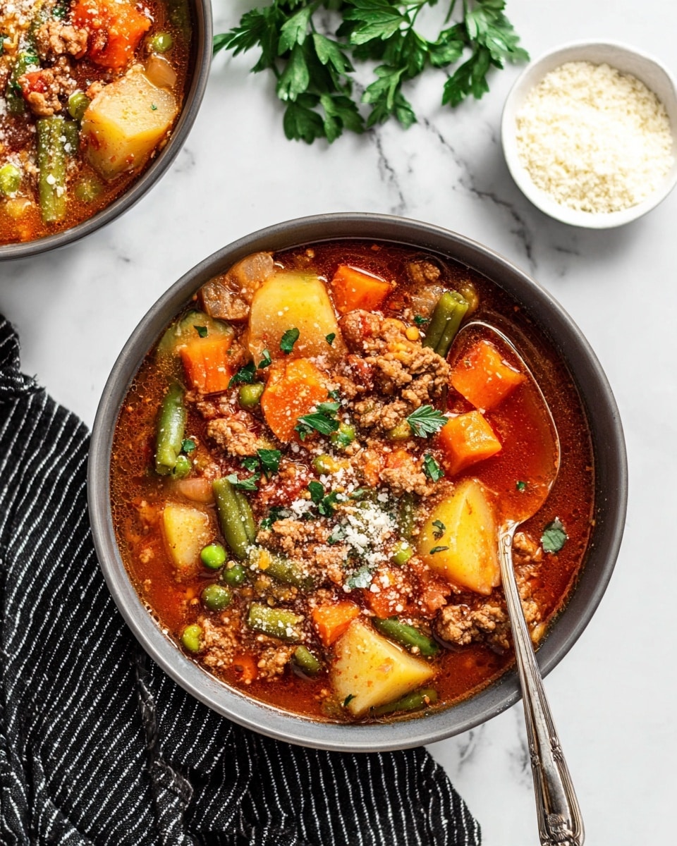 A bowl filled with a colorful vegetable and meat stew, showing large pieces of orange carrot, yellow potato chunks, green peas, green beans, and ground meat all mixed in a rich, reddish tomato broth; the surface is sprinkled lightly with grated white cheese and small green parsley leaves; a silver spoon rests on the right side inside the bowl, which sits on a white marbled surface next to a small white bowl of grated cheese and a black and white striped cloth napkin; some green leafy parsley decorates the background; photo taken with an iphone --ar 4:5 --v 7