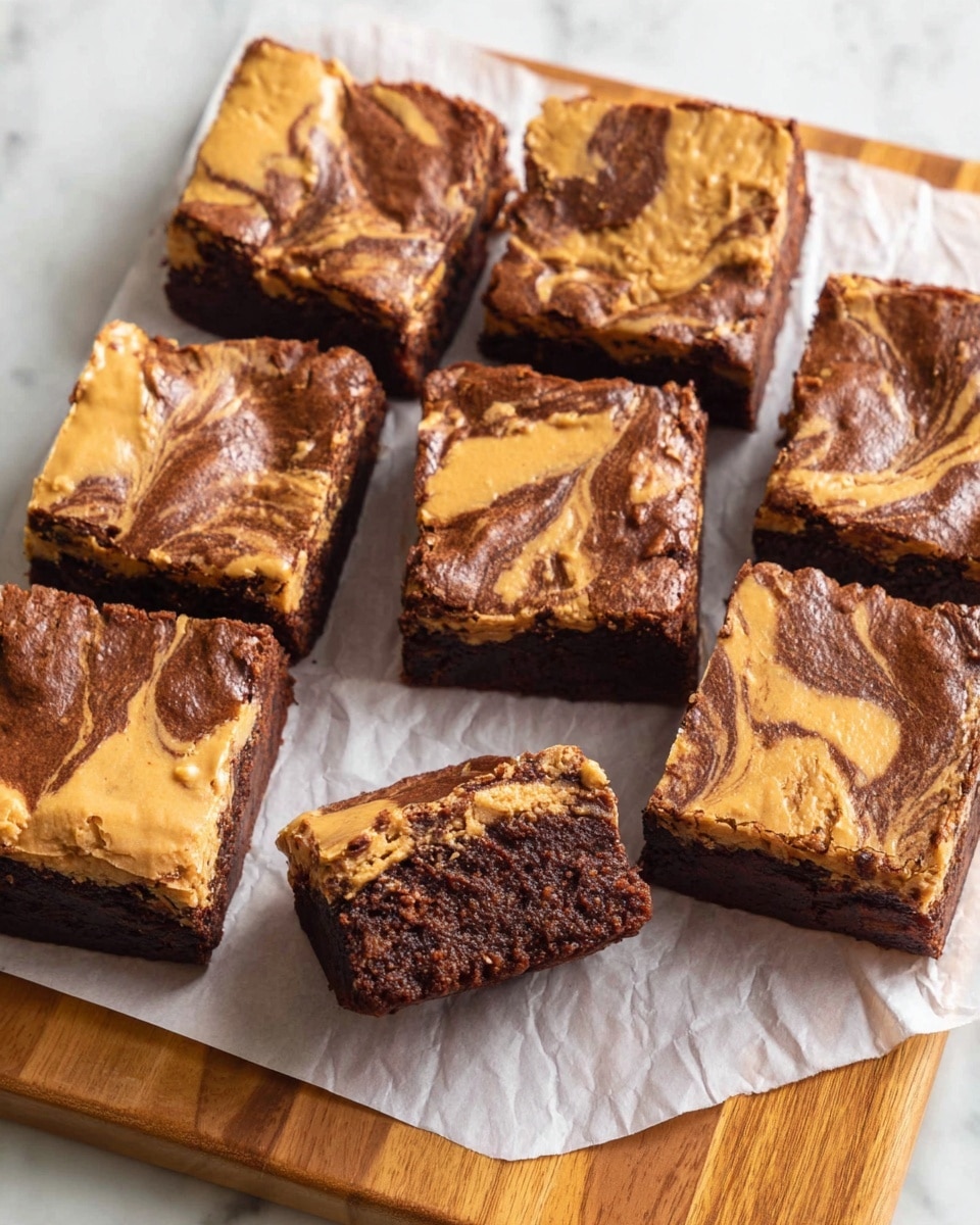 Nine square pieces of brownies are placed on white parchment paper over a wooden board with a white marbled background. Each brownie has a thick, dark brown chocolate base with swirls and patches of creamy light brown peanut butter spread across the top, creating a marbled effect. One piece stands upright, showing the dense, moist chocolate interior contrasted with the smooth peanut butter layer on top. The surface of the brownies looks slightly cracked and rich in texture. Photo taken with an iphone --ar 4:5 --v 7