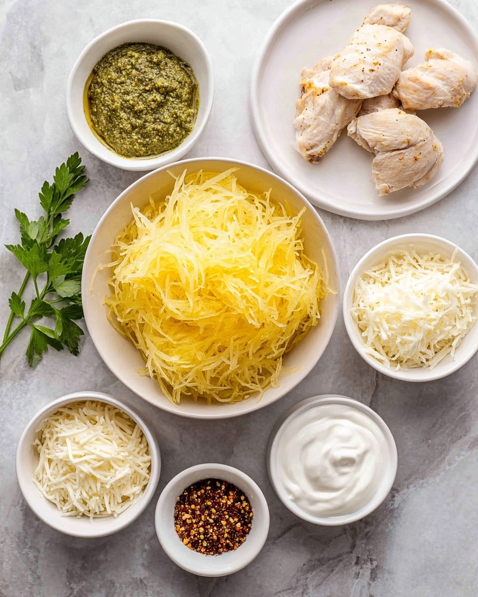 The image shows seven white bowls and a white plate on a white marbled surface. The largest bowl in the center is filled with yellow and light cream shredded spaghetti squash, showing a mix of soft and stringy textures. To the right, a white plate holds two light tan cooked chicken pieces with some brown pepper seasoning. Surrounding the main bowl are smaller white bowls: one contains a green rough-textured pesto sauce, another has white shredded cheese, the next is filled with fine white grated cheese, one holds thick white sour cream, and another contains mixed dry seasonings including red flakes, green herbs, and light brown powder. A few green parsley leaves lie on the marbled surface near the bowls. photo taken with an iphone --ar 4:5 --v 7