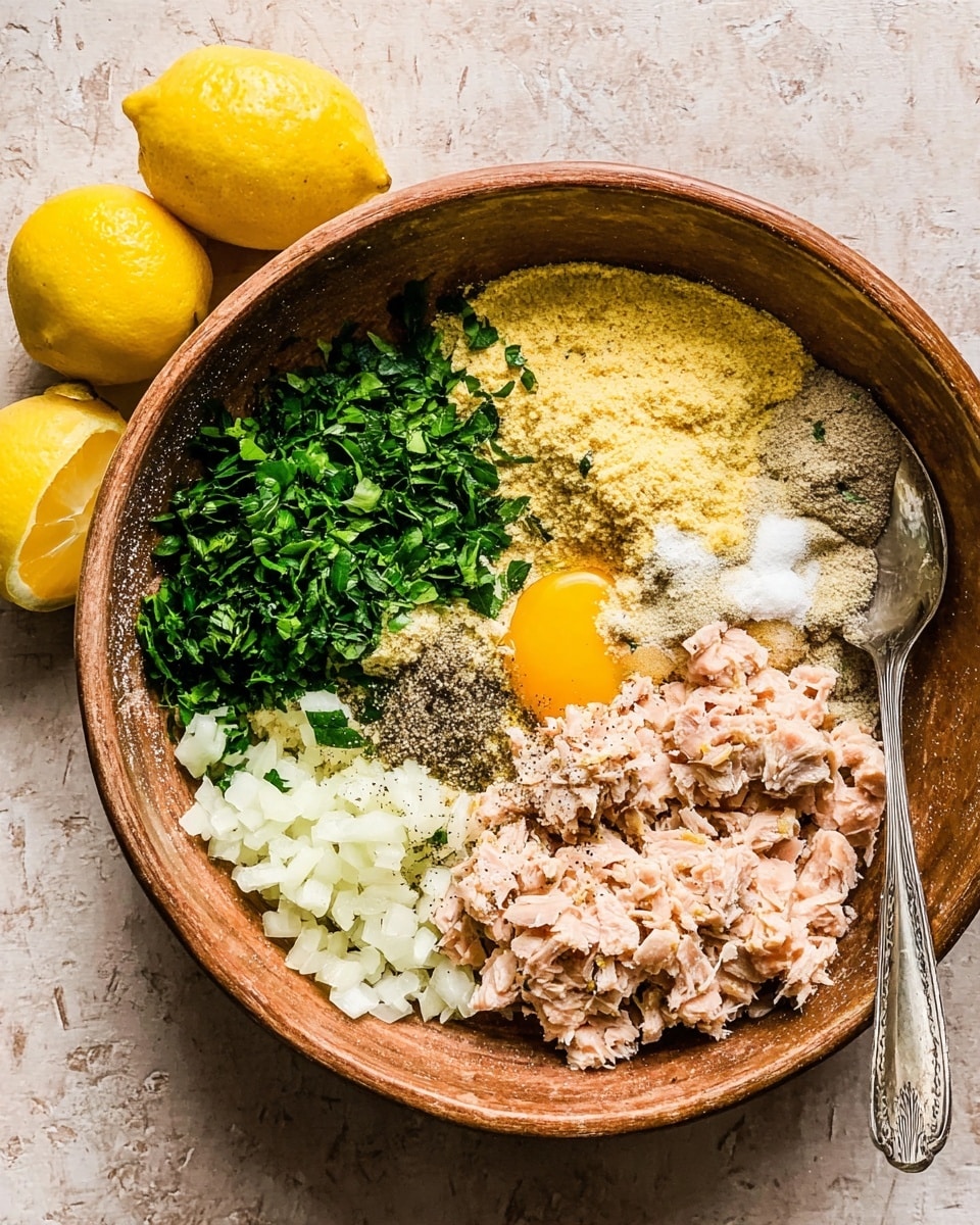 A rustic brown bowl sits on a white marbled texture, filled with several distinct layers of ingredients arranged separately. The largest layer is light pink shredded tuna scattered around. On top of that are small piles of fresh green chopped herbs on the left bottom side, finely chopped white onion below the herbs, light yellow almond flour and yellow whole grain mustard near the top center, white mayonnaise next to the mustard, a raw egg yolk along with some egg white at the bottom right, and a dusting of black pepper sprinkled among the layers. A silver fork rests on the right side, partially inserted into the tuna. Two halved bright yellow lemons lie beside the bowl to the left. Photo taken with an iphone --ar 4:5 --v 7