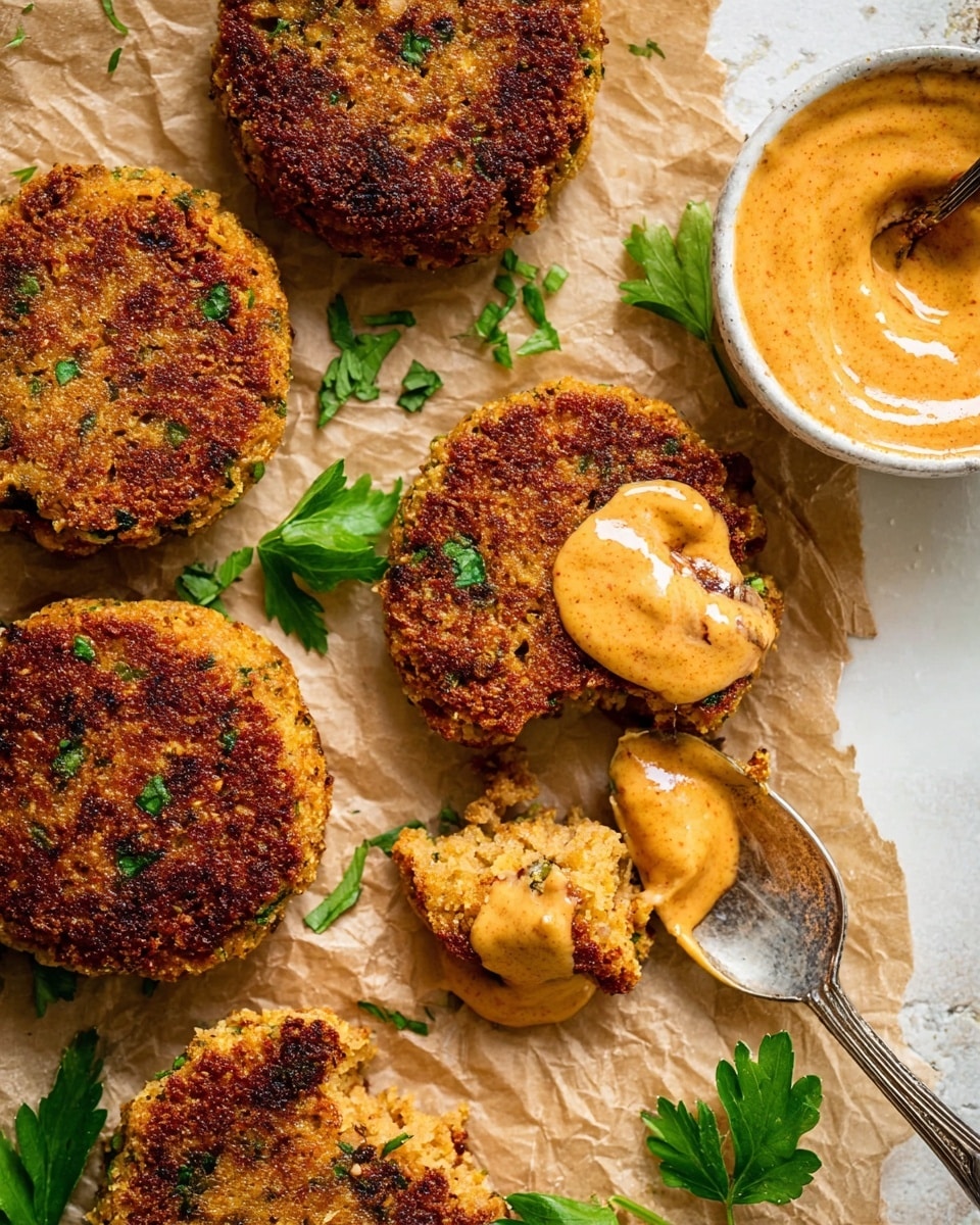 The image shows six golden brown patties with a crispy texture, scattered with small green herb bits on the surface. One patty is partly broken with a thick dollop of orange creamy sauce on it, which matches the sauce inside a small round white bowl to the right side. A vintage silver spoon scoops some sauce onto the broken patty. Bright green parsley leaves are placed around the patties on a crinkled parchment paper, all set on a white marbled surface. Photo taken with an iphone --ar 4:5 --v 7