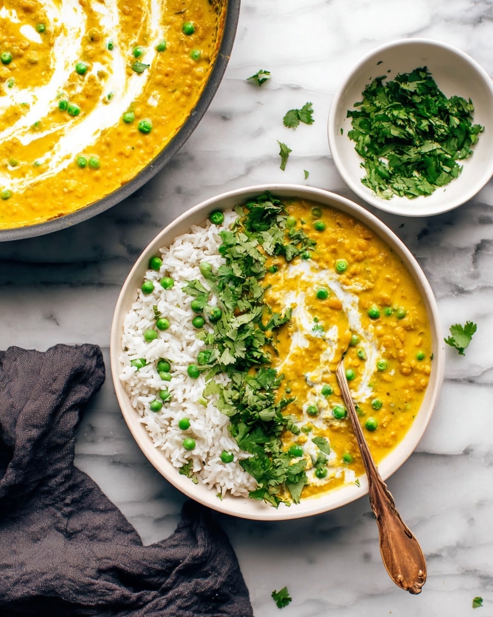 The image shows a white bowl filled with two main layers: on the left side, white rice mixed with green peas, and on the right side, a thick yellow lentil curry topped with fresh green chopped cilantro. A spoon is placed inside the curry side of the bowl. Nearby, there is a small white bowl with more chopped cilantro on a white marbled surface. Part of a larger pan filled with the same yellow lentil curry is visible in the upper left corner, with white cream swirled into it and more cilantro sprinkled on top. A dark gray cloth is partially seen at the bottom left corner. photo taken with an iphone --ar 4:5 --v 7