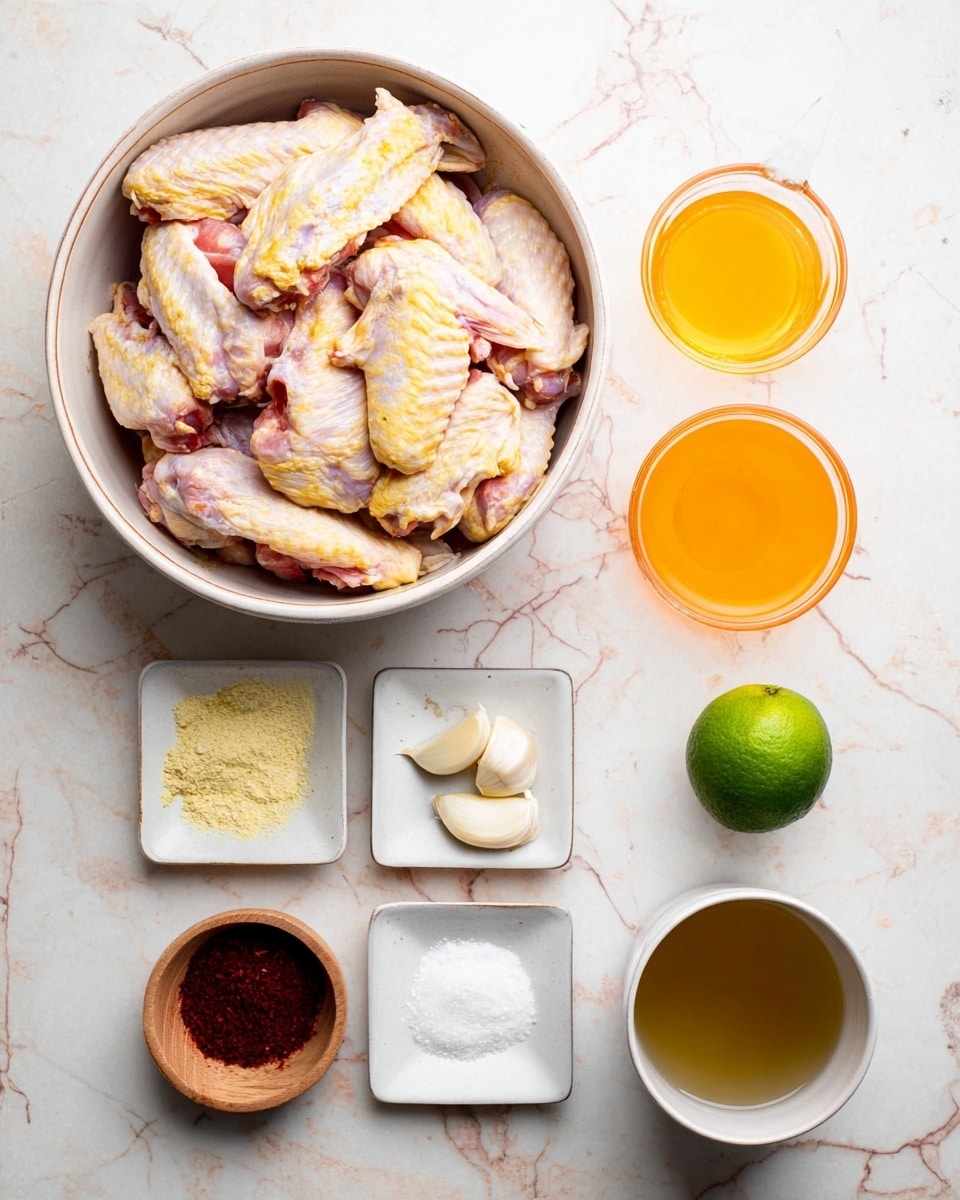 A top-down view shows a large white bowl on the left filled with raw chicken wings, pale pink and yellowish in color, piled in layers with some skin folds visible. To the right of the bowl are small white dishes arranged in a grid on a white marbled surface: the top dish contains light yellow powder and a small pile of white powder, the middle-left dish has two peeled garlic cloves, the middle-right clear glass holds bright orange liquid, and the bottom-left dish holds dark red paste. A small wooden bowl with white salt is positioned between the chicken and the powdered ingredients, with a whole green lime placed to the right. A white cup with light amber liquid is at the bottom right. photo taken with an iphone --ar 4:5 --v 7