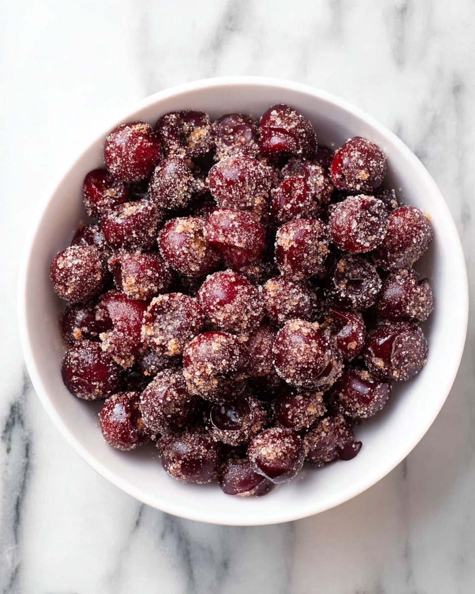 A close-up top view of a white bowl filled with dark red cherries covered in light brown sugar crystals. The cherries are whole and packed evenly in one thick layer, with a slightly sticky texture from the sugar. The bowl sits on a white marbled surface that has grey veins running across it. photo taken with an iphone --ar 4:5 --v 7