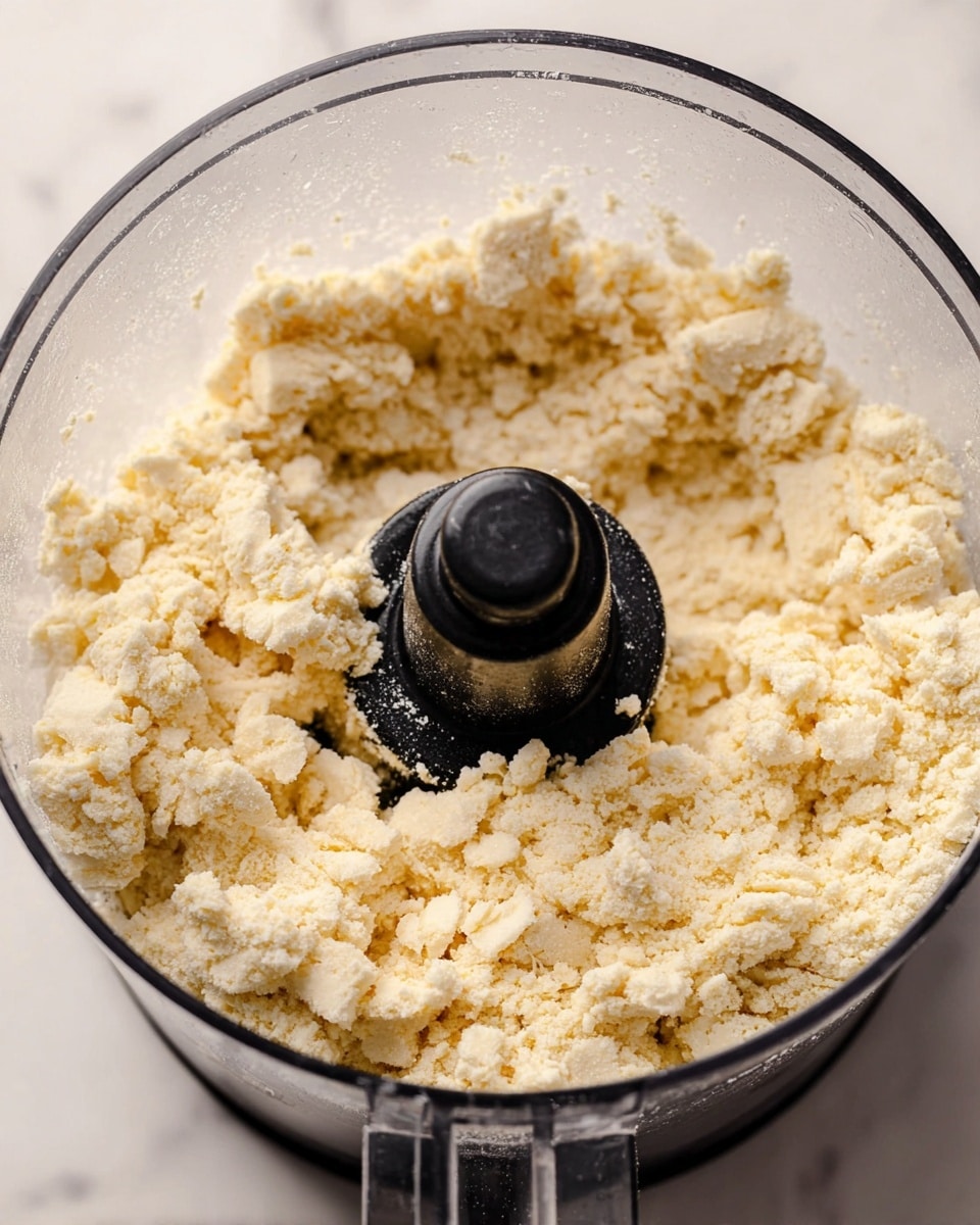A close-up view inside a transparent food processor bowl showing a crumbly dough mixture. The dough is pale yellow with small and medium uneven chunks, creating a rough texture. The black central blade holder stands in the middle, contrasting sharply with the light dough. The clear bowl edges and plastic lid frame the container, all set against a soft white marbled background. photo taken with an iphone --ar 4:5 --v 7