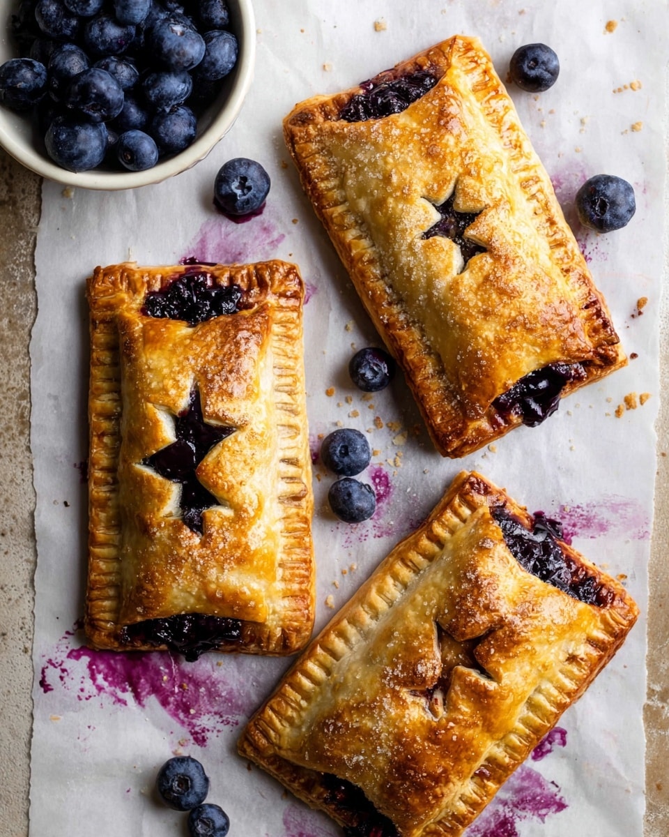 Three golden brown rectangular pastries are shown on a white marbled surface covered with baking paper stained with purple juice. Each pastry has a crimped edge and a rustic, flaky texture, with small star-shaped dough pieces decorating the top. The center of each pastry has a burst opening revealing deep purple blueberry filling which has stained the edges. Scattered fresh blueberries surround the pastries, and a white bowl filled with blueberries is partially visible in the top left corner. photo taken with an iphone --ar 4:5 --v 7