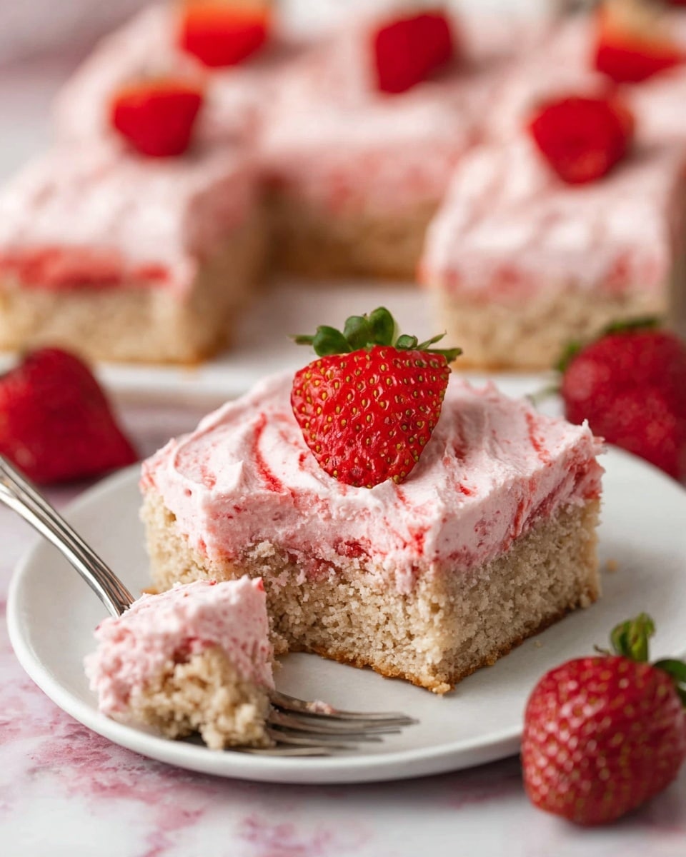 The image shows a square piece of cake on a white plate, with two layers: a thick, light brown, crumbly cake base and a thick pink layer of strawberry frosting on top with visible strawberry pieces mixed in. The frosting appears creamy with some red streaks. A halved fresh strawberry with bright red color and green leaves sits on the frosting as decoration. A silver fork holds a bite of cake with both cake and pink frosting. In the background, more square cakes with the same layers are neatly arranged on a white marbled surface, with whole and halved strawberries scattered around. Photo taken with an iphone --ar 4:5 --v 7