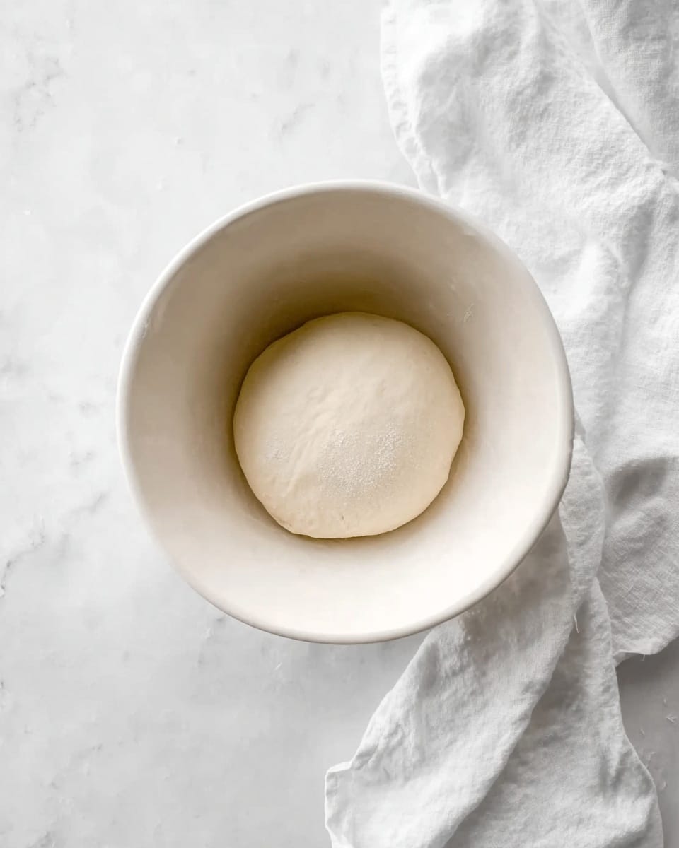 A single smooth, round ball of dough rests in the center of a white ceramic bowl. The dough is pale and soft with a slightly matte texture. The bowl sits on a white marbled surface, with a crumpled white cloth beside it on the right. The scene is bright and clean, with soft light highlighting the simple, fresh look of the dough and bowl photo taken with an iphone --ar 4:5 --v 7