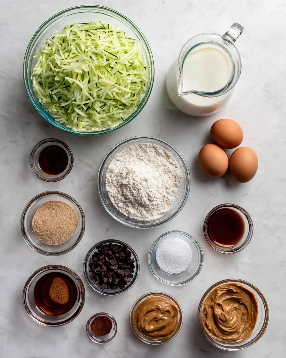 Several clear glass bowls and measuring cups are arranged on a white marbled surface. At the top left is a large bowl filled with light green shredded zucchini, next to a clear pitcher with white milk. Below, there are two brown eggs positioned close together. A large bowl of white flour with a small pile of white salt or baking powder in the center is in the middle. Surrounding the flour bowl are smaller bowls and measuring cups containing a dark brown powder (likely cinnamon), dark brown vanilla extract, amber-colored syrup, dark chocolate chips, smooth brown peanut butter, light brown finely crushed sugar, and a clear measuring cup with an almost empty liquid. The containers are neatly spaced and showcase the ingredients without overlapping photo taken with an iphone --ar 4:5 --v 7