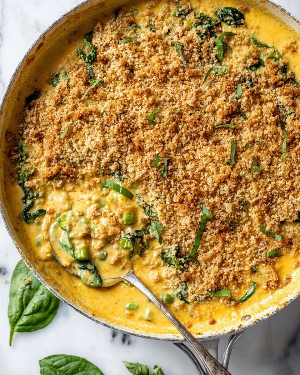 A close-up view of a skillet filled with a creamy, golden mixture topped with a thick layer of toasted crumbs that have a light brown color and slightly coarse texture. Visible within the mix are bright green leafy vegetables and small green pieces, creating a contrast with the smooth, rich yellow-orange base. A spoon rests inside the skillet, scooping out a portion revealing a dense, creamy texture with flecks of green and a slightly grainy consistency. The skillet is set on a white marbled surface with a few fresh green leaves nearby. Photo taken with an iphone --ar 4:5 --v 7