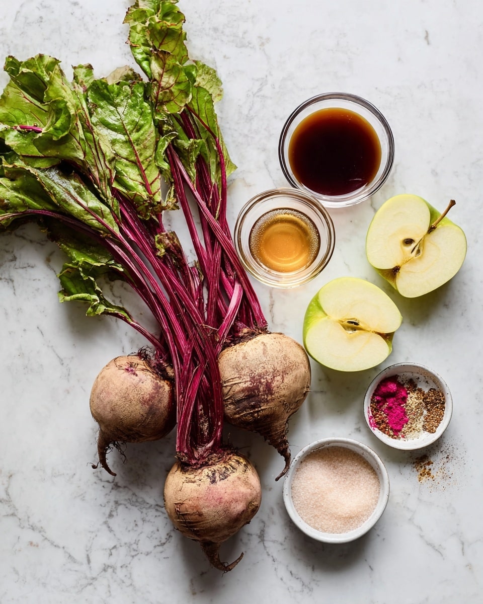 A bunch of fresh beets with rough light brown skins and deep red stems topped with green leaves lay across a white marbled surface, beside a green apple sliced in half showing its creamy interior and seeds. Around them are small clear bowls holding dark brown and golden liquids, and another white bowl filled with light granulated sugar, plus a small bowl with various spices in pink, black, and red colors. The image captures a fresh, natural ingredient setting. photo taken with an iphone --ar 4:5 --v 7