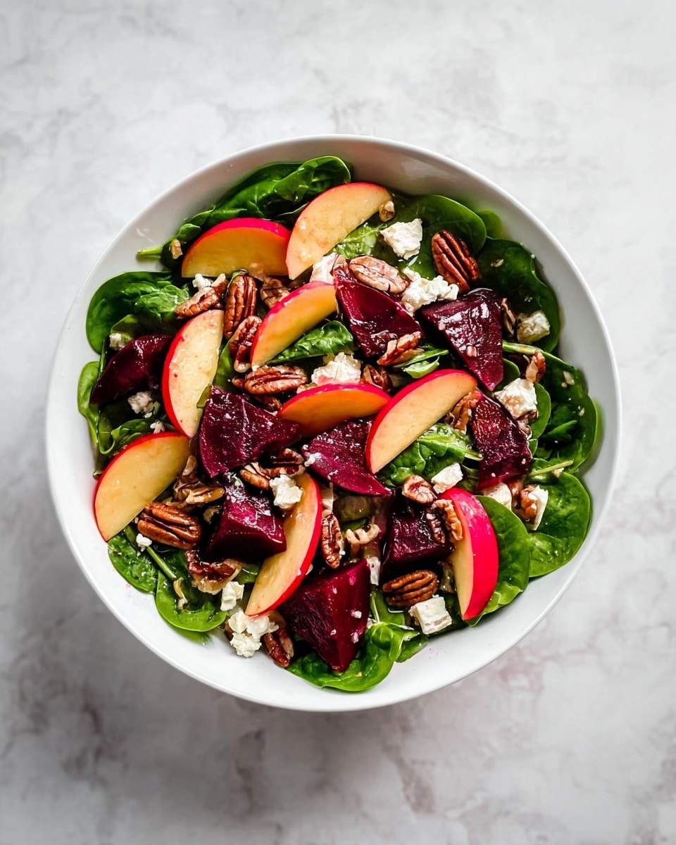 A salad served in a white bowl on a white marbled surface, with one main layer of fresh green spinach leaves forming the base, topped with two types of sliced fruits: bright red apple slices with yellow skin and deep red beetroot chunks. Scattered evenly on top are small white pieces of cheese and whole brown pecan nuts. The colors are fresh and bright, with a mix of green, red, white, and brown, showing a healthy and fresh texture photo taken with an iphone --ar 4:5 --v 7