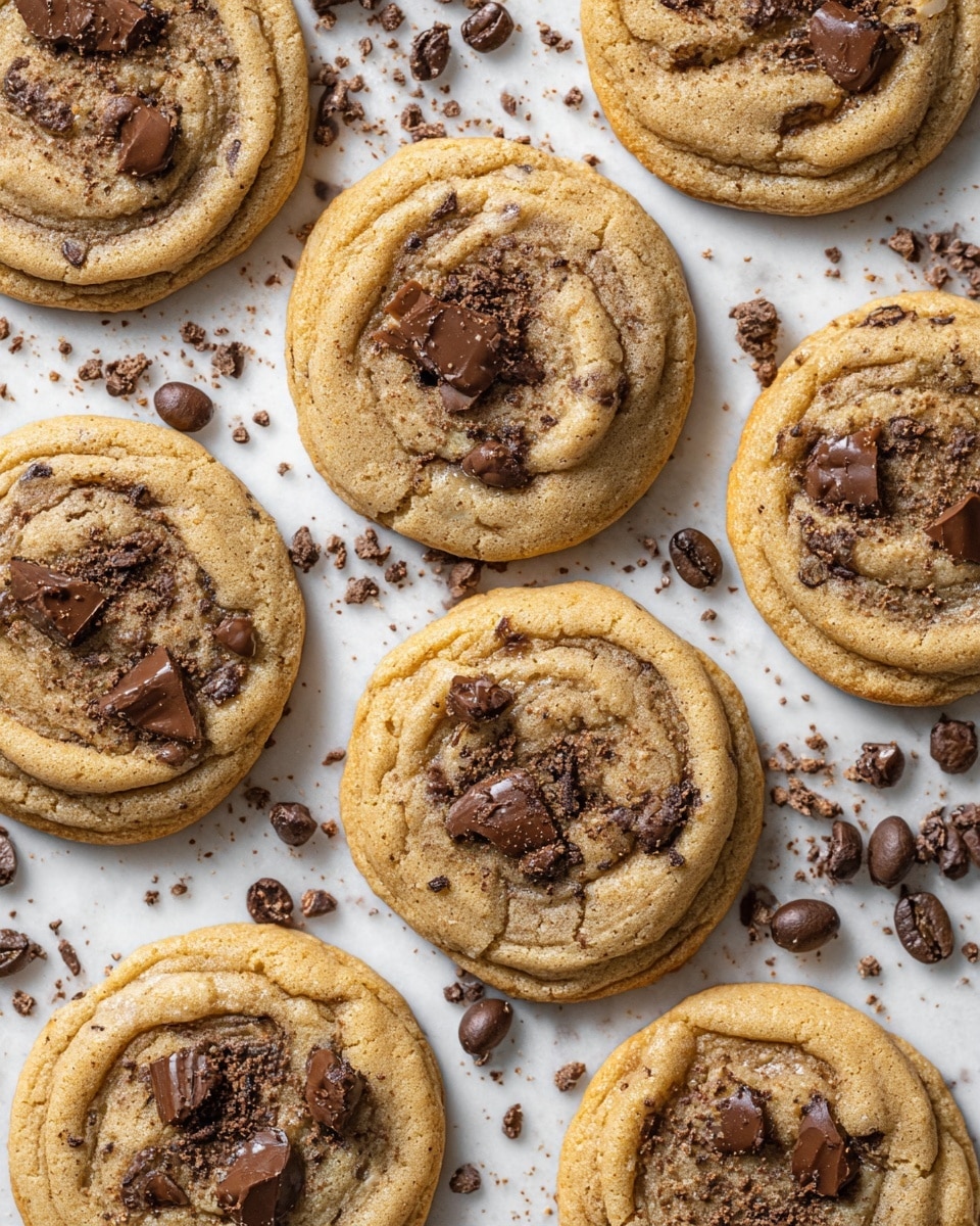 Several round cookies are spread evenly over a white marbled surface, each cookie showing a soft, golden brown texture with visible swirls and slightly raised edges. Dark, melted chocolate chunks and small bits are scattered across the tops of the cookies, some pieces shiny and others matte, adding a rich contrast to the warm cookie color. Around the cookies, there are scattered dark coffee beans and small chocolate crumbs, enhancing the rustic and cozy feel. The scene is bright and clear, highlighting the texture of both the cookies and the scattered items. photo taken with an iphone --ar 4:5 --v 7