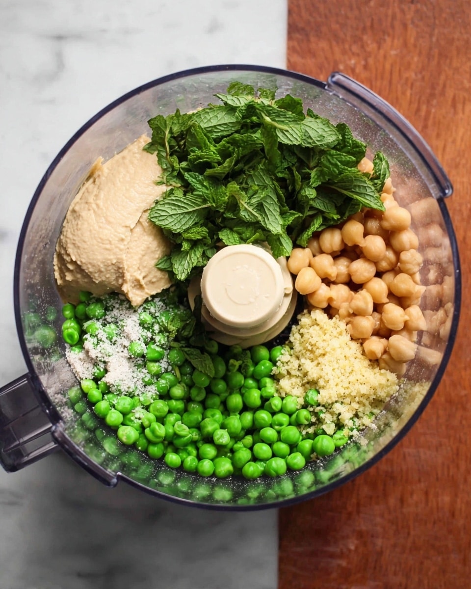 A clear food processor bowl shows a mix of ingredients layered around the center blade. At the top left, there is a section of pale beige hummus. Next to it on the right, there are light brown chickpeas, and below them, fresh dark green mint leaves with a granular white sprinkle of salt. Below the mint leaves, bright green peas fill the bottom right side, topped with minced pale yellow garlic. The processor bowl is placed on a white marbled surface. Photo taken with an iphone --ar 4:5 --v 7