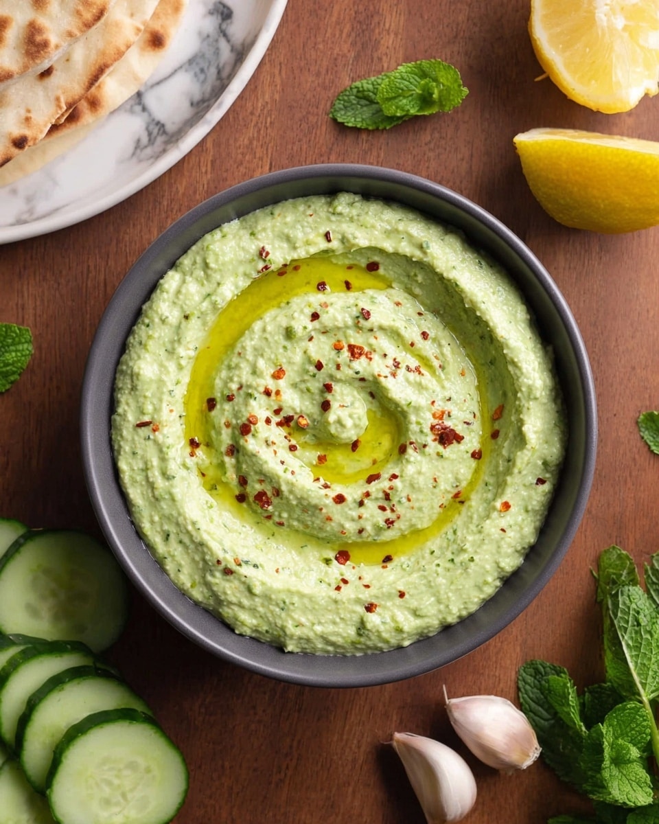 A close-up view of a dark gray bowl filled with a thick, creamy light green dip that has a rough texture, spread in a spiral shape with a small well of golden olive oil on top, sprinkled with tiny red spices. The bowl is placed on a wooden surface with a white marbled texture digitally applied. Around the bowl are two garlic cloves, a fresh cucumber cut in half, a lemon, fresh green mint leaves, and pieces of flatbread on a white plate in the top left corner. Photo taken with an iphone --ar 4:5 --v 7