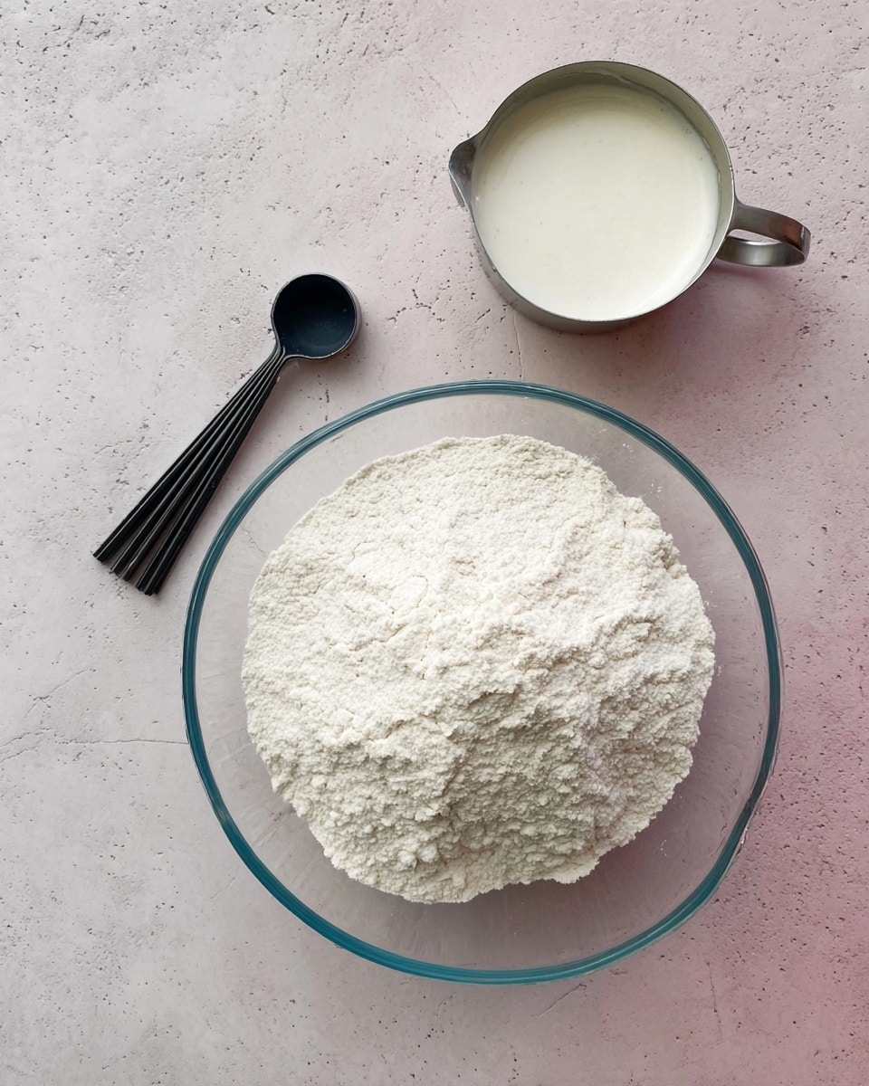 A clear glass bowl filled with a mound of white flour sits on a white marbled surface with a slightly rough texture. Above and to the right of the bowl is a silver measuring cup filled with a smooth, white creamy substance. Next to the measuring cup, on the left, is a set of black measuring spoons stacked together. The entire scene is bright and clean with soft natural lighting, showing a simple baking setup. Photo taken with an iphone --ar 4:5 --v 7