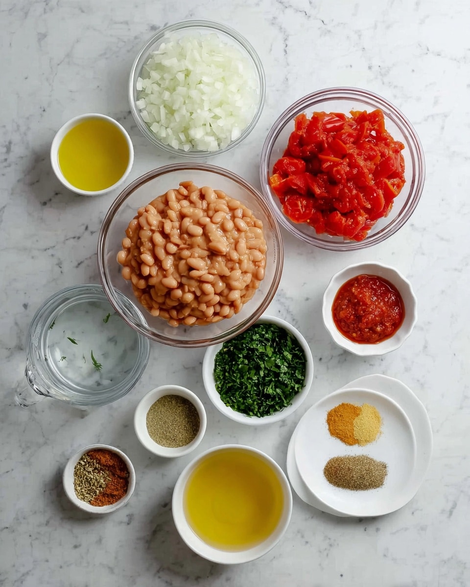 A top-down view of various cooking ingredients arranged on a white marbled surface. In the center is a medium glass bowl filled with light brown cooked beans. Surrounding it are smaller white bowls containing finely chopped white onions, bright yellow oil, fresh chopped green herbs, pale minced garlic, and red tomato paste. There's a clear glass bowl with whole peeled red tomatoes and a small white plate with three different spices bright yellow, brown, and beige. A clear measuring cup with water is also included in the setup. The layout is neat and organized. photo taken with an iphone --ar 4:5 --v 7