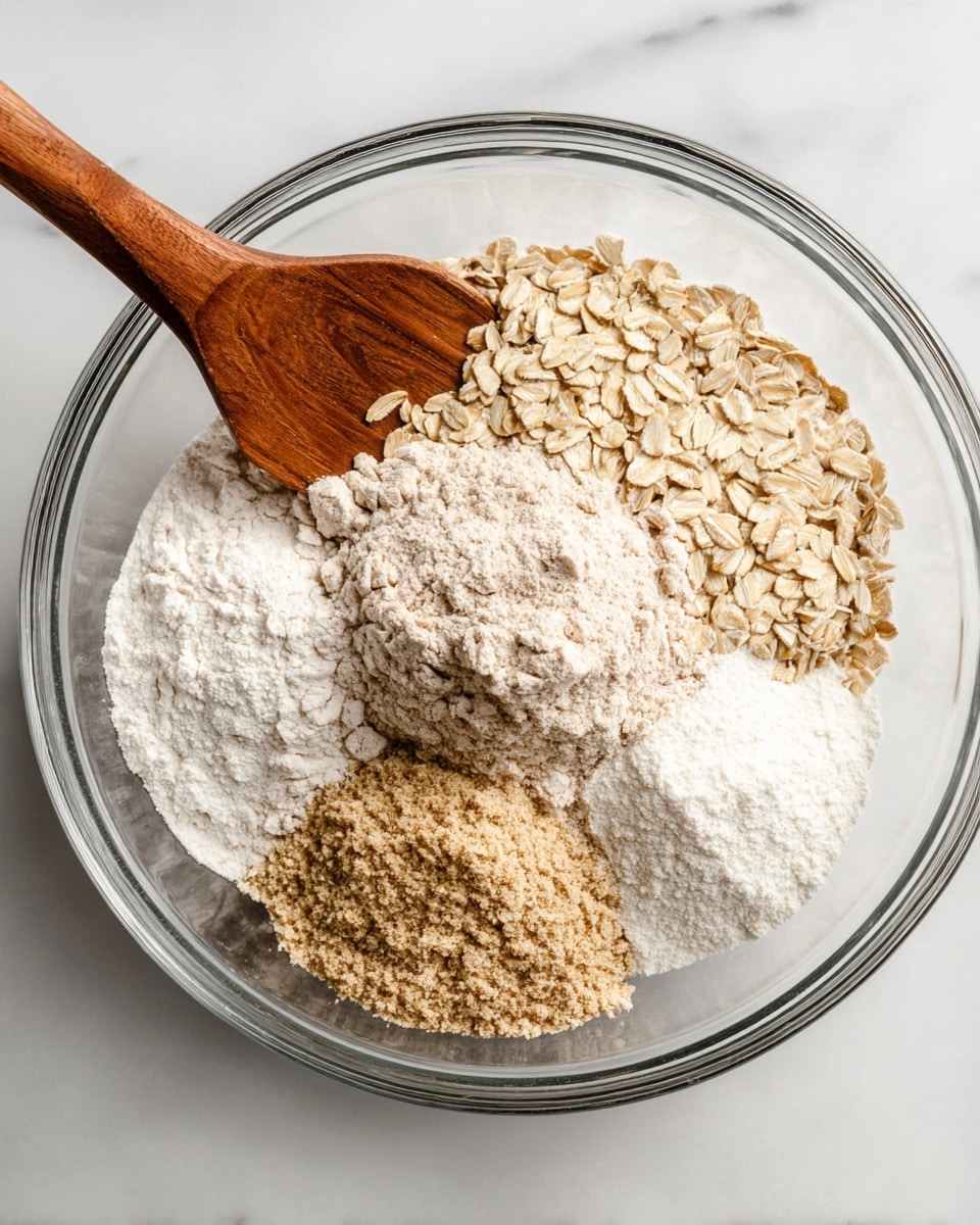 A clear glass bowl on a white marbled surface holds four separate piles of dry ingredients arranged in a circle. The largest pile in the top center is light beige rolled oats with a rough texture. To the right is a mound of finely ground tan flour, smooth and powdery. At the bottom right, there is a pile of light brown granulated yeast that looks sandy. The bottom left holds white flour, also powdery but with slightly larger granules. A wooden spatula with a rich brown color rests across the top edge of the bowl. Photo taken with an iphone --ar 4:5 --v 7