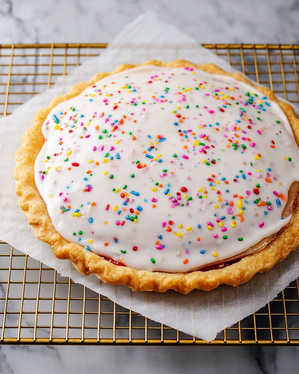 A round pie with two layers of golden brown crust; the top crust is covered in shiny white icing that spreads unevenly to the edges, decorated with small, colorful sprinkles in red, green, yellow, blue, pink, orange, purple, and white scattered all over. Between the crust layers, a bright red filling slightly peeks out from the side. The pie rests on white parchment paper placed on a gold cooling rack, all set against a white marbled background. Photo taken with an iphone --ar 4:5 --v 7