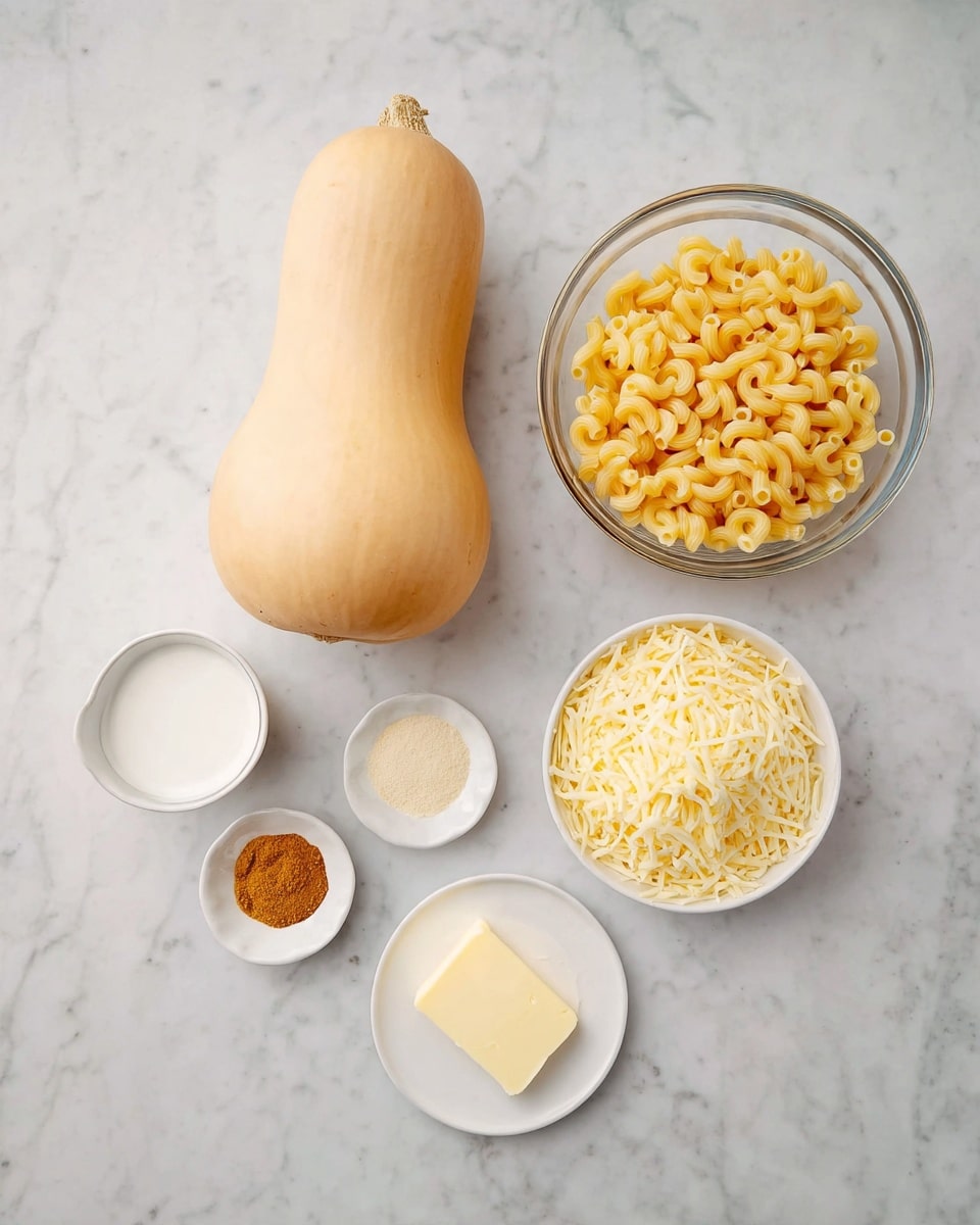 The image shows a white marbled surface with six items neatly placed: at the center, a whole butternut squash with a smooth light tan surface; above it, a clear glass bowl filled with uncooked elbow macaroni pasta, pale yellow in color; to the right, a small white bowl with shredded cheese that is light yellow and softly textured; to the left, a small white bowl containing three powders in separate sections white, light yellow, and reddish brown; below the squash, a clear glass cup with white milk; and next to it, a small white plate holding a small dollop of pale yellow butter. photo taken with an iphone --ar 4:5 --v 7