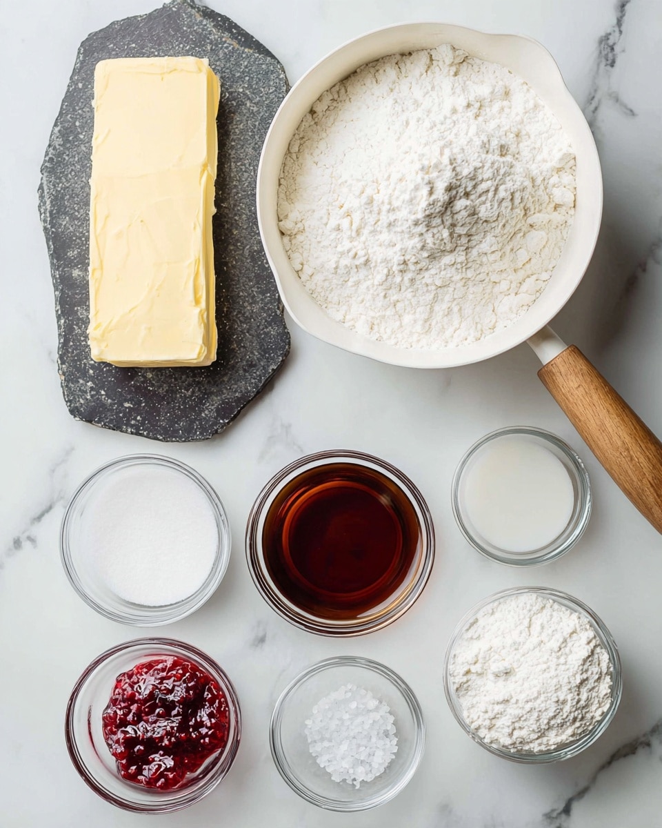The image shows several ingredients arranged neatly on a white marbled surface. At the center right is a white saucepan filled with white flour, featuring a wooden handle extending to the top right. Around the saucepan, there are six glass bowls: one with white powdered sugar at the bottom right, one with brown liquid maple syrup at the bottom center, one with red jam filled with seeds just above the syrup, one with white granulated sugar above the jam, one with a clear liquid just below the sugar, and one small bowl with salt near the top right. On the left side is a dark stone plate holding a thick rectangular slab of pale yellow butter. The overall setup is bright and clean, with textures that emphasize the ingredients’ raw forms. photo taken with an iphone --ar 4:5 --v 7