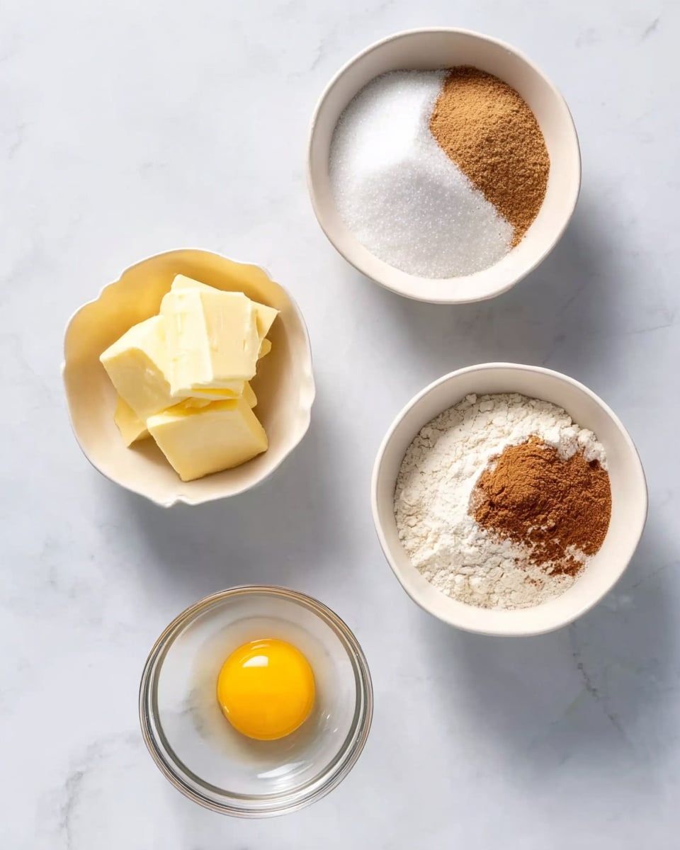 The image shows four small bowls arranged on a white marbled surface. The top right bowl is white and filled with two powders: white sugar and light brown cinnamon, side by side. Below it to the right is another white bowl holding white flour with a small amount of cinnamon and another brown spice on top. On the bottom left is a white bowl containing slices of pale yellow butter. Near the center left is a small clear glass bowl with a raw egg inside, its yellow yolk bright and centered in clear egg white. Photo taken with an iphone --ar 4:5 --v 7
