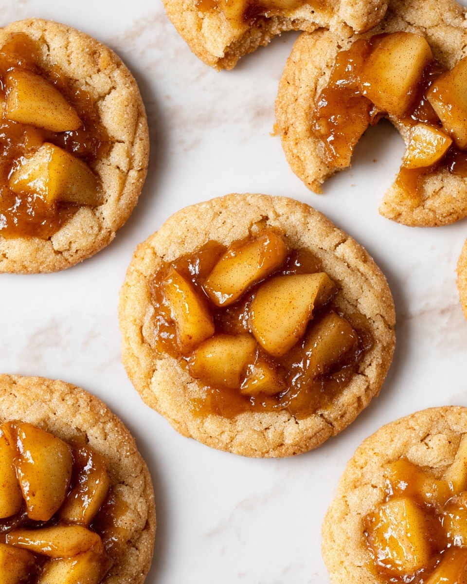 Six round cookies rest on a white marbled surface, each topped with a glossy mixture of caramelized apple slices seasoned with cinnamon. The cookies have a light brown, slightly cracked texture, looking soft and chewy. In the center, one cookie is broken in half, showing the thick apple topping glistening with syrup. The warm golden-brown apple pieces sit on top of the cookies, with syrup pooling slightly around the fruit. Photo taken with an iphone --ar 4:5 --v 7